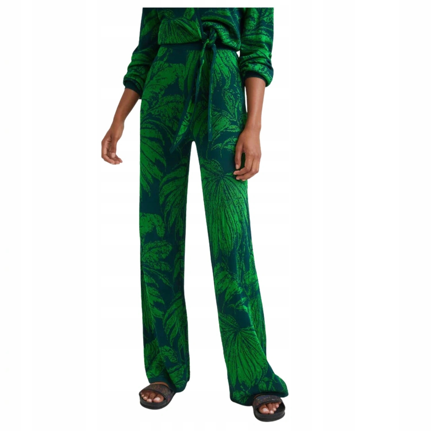 Dámské kalhoty Desigual palazzo zelené s motivem roslinných listů vel.