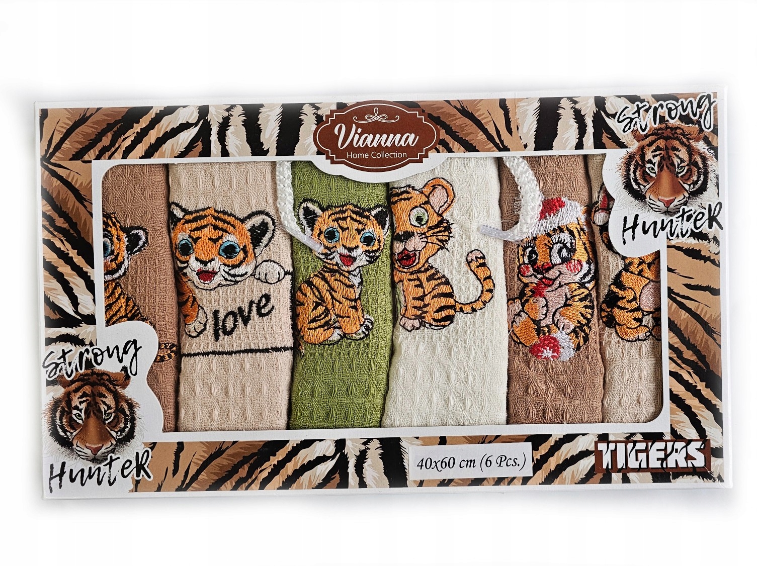 Zestaw Ręczników Kuchennych z Haftem 6 sztuk Komplet 40x60 Wzór 3 Tygrysek Kod producenta OBA-MUTFAK-BEZ-WZ3