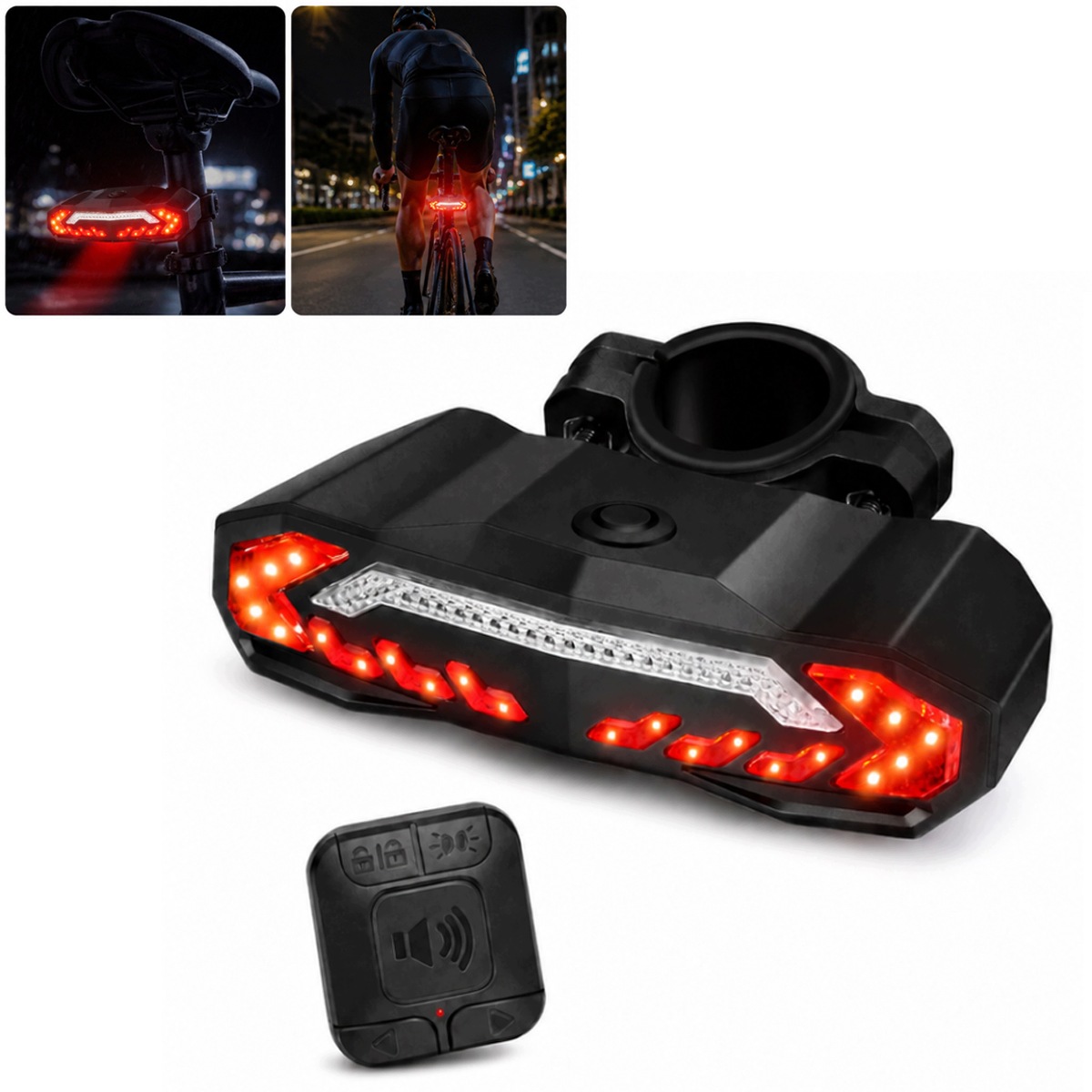 Lampka Led Tylna Rowerowa Z Kierunkowskazami, Alarmem I Pilotem 5W1