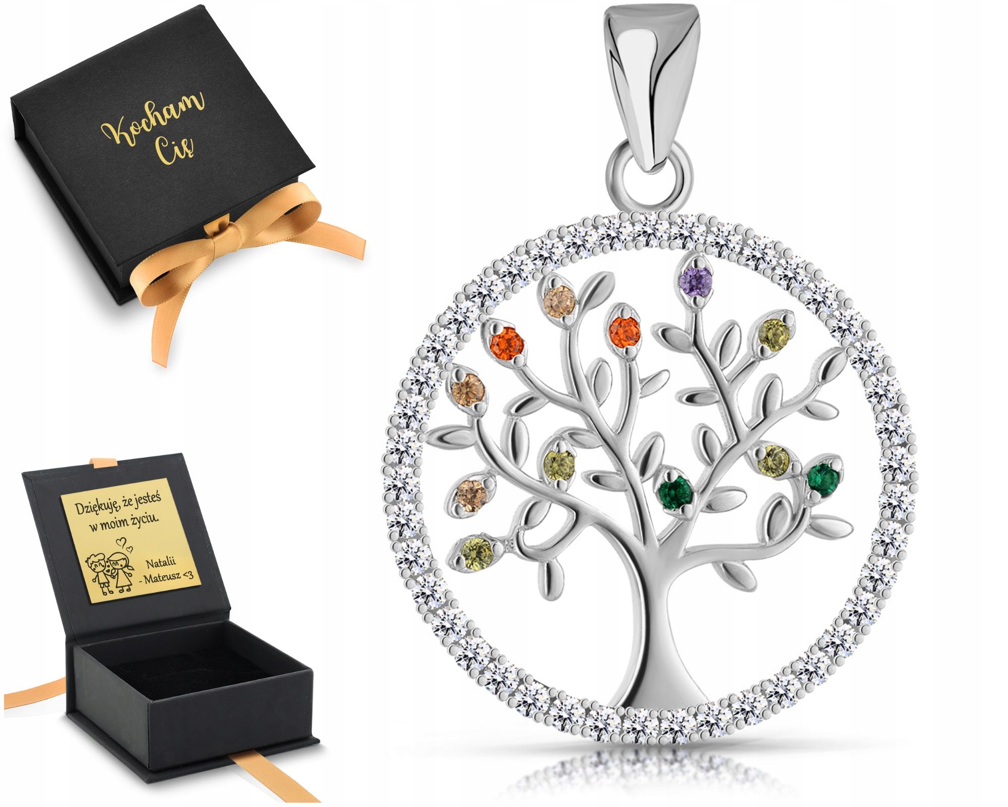 Stříbrný přívěsek strom štěstí v kruhu s barevnými kameny