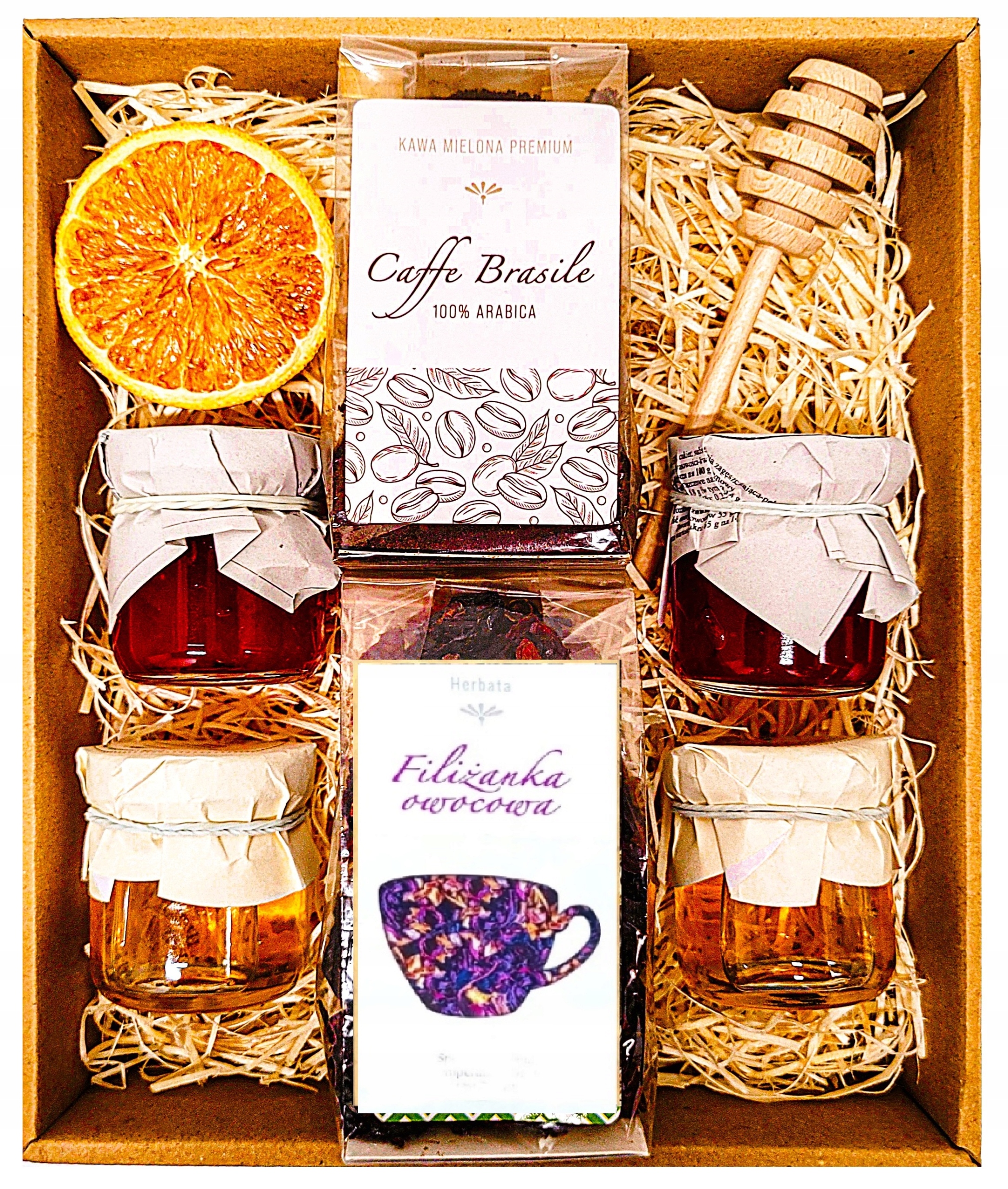 KOSZ PREZENTOWY PREZENT UPOMINEK HERBATA KAWA MIÓD KONFITURA