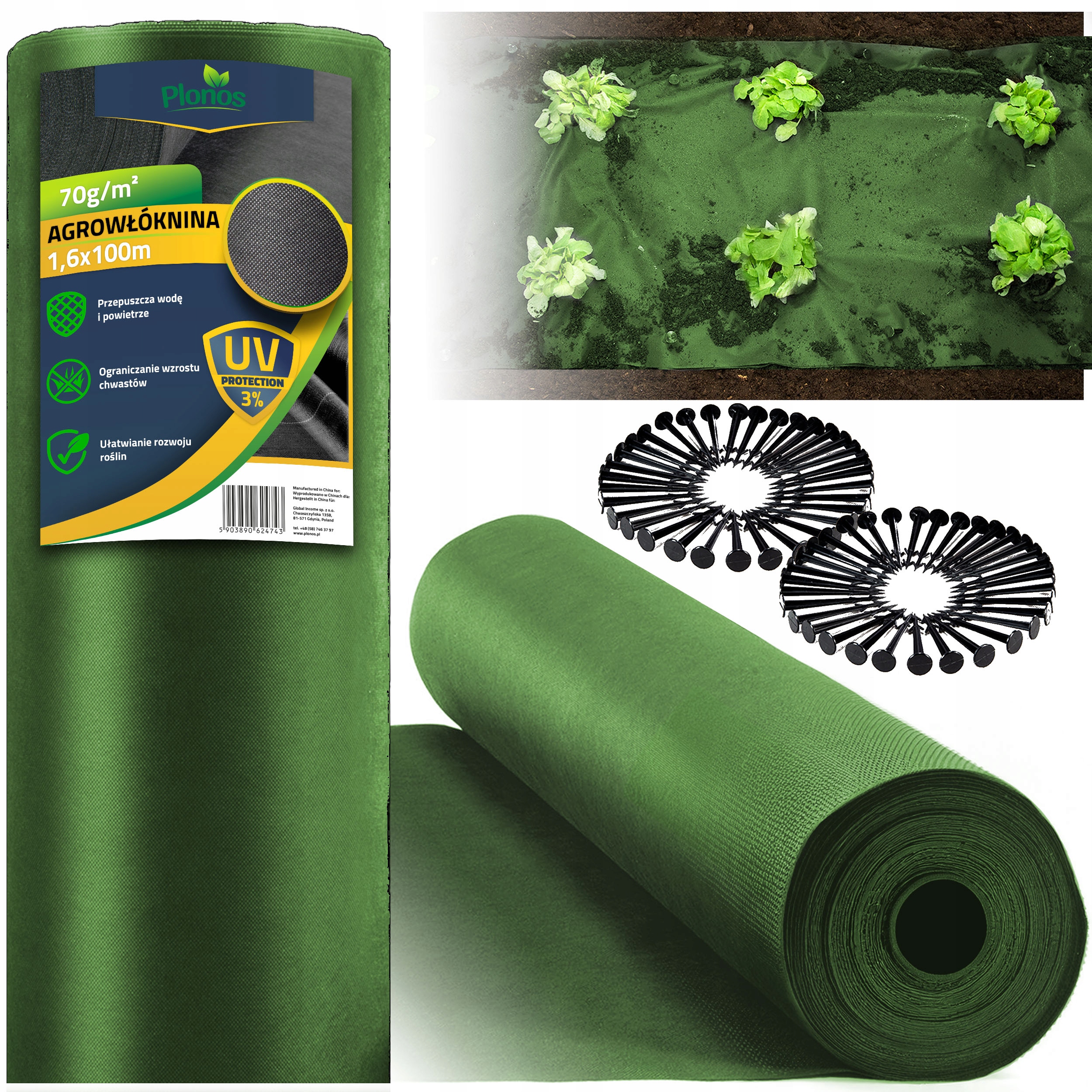 Agrowłóknina Agrotkanina 90G Na Chwasty Uv Zielona 1,6x100m 100 Szpilek