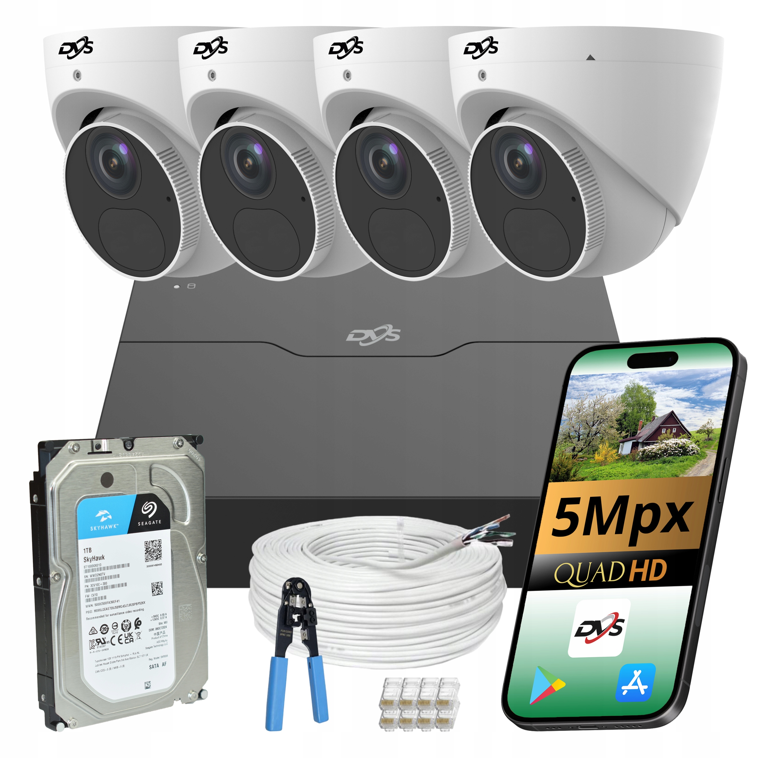 Zestaw Do Monitoringu 4 Kamery Kopułkowe 5MPX Zewnętrzne Ir Dysk Aplikacja