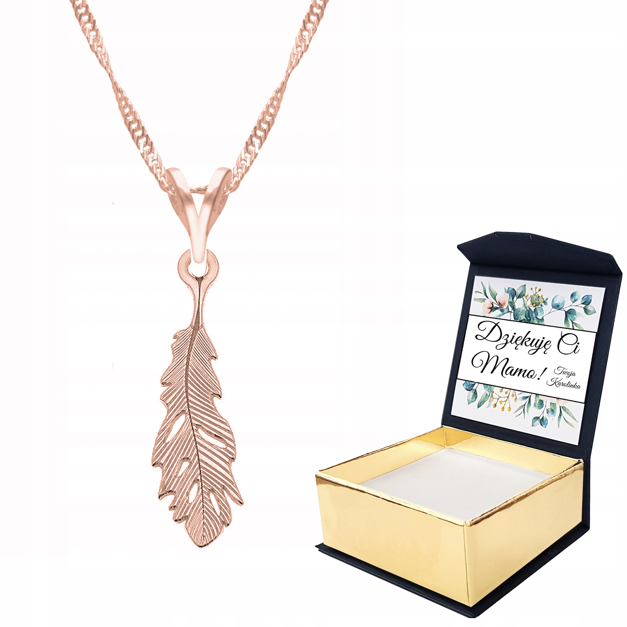 Náhrdelník růžové zlato Pero Pírko Vlastní Potisk