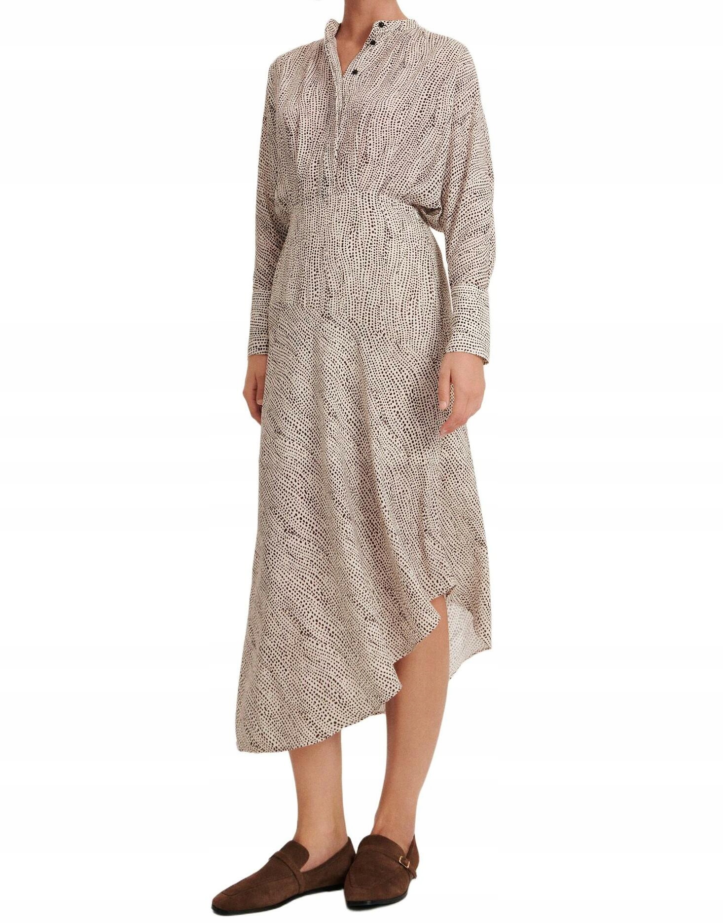 Beżowa Wzorzysta Asymetryczna Sukienka MIDI Długi Rękaw Stójka S