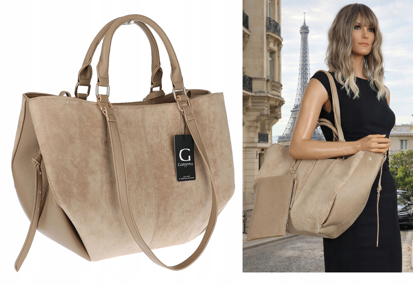 Torebka damska shopper duża zamszowa na ramię torba R967 Beżowa