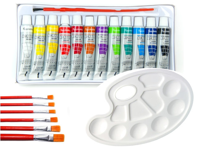 

Zestaw Farby akrylowe 12ml Paletka pędzle 6 sztuk