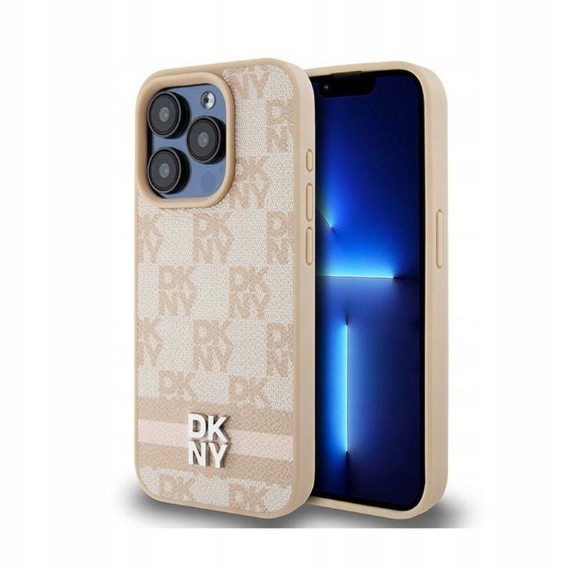 Dkny Kožené pouzdro s kostkovaným vzorem a potiskem pruhů Pouzdro na iPhone 15