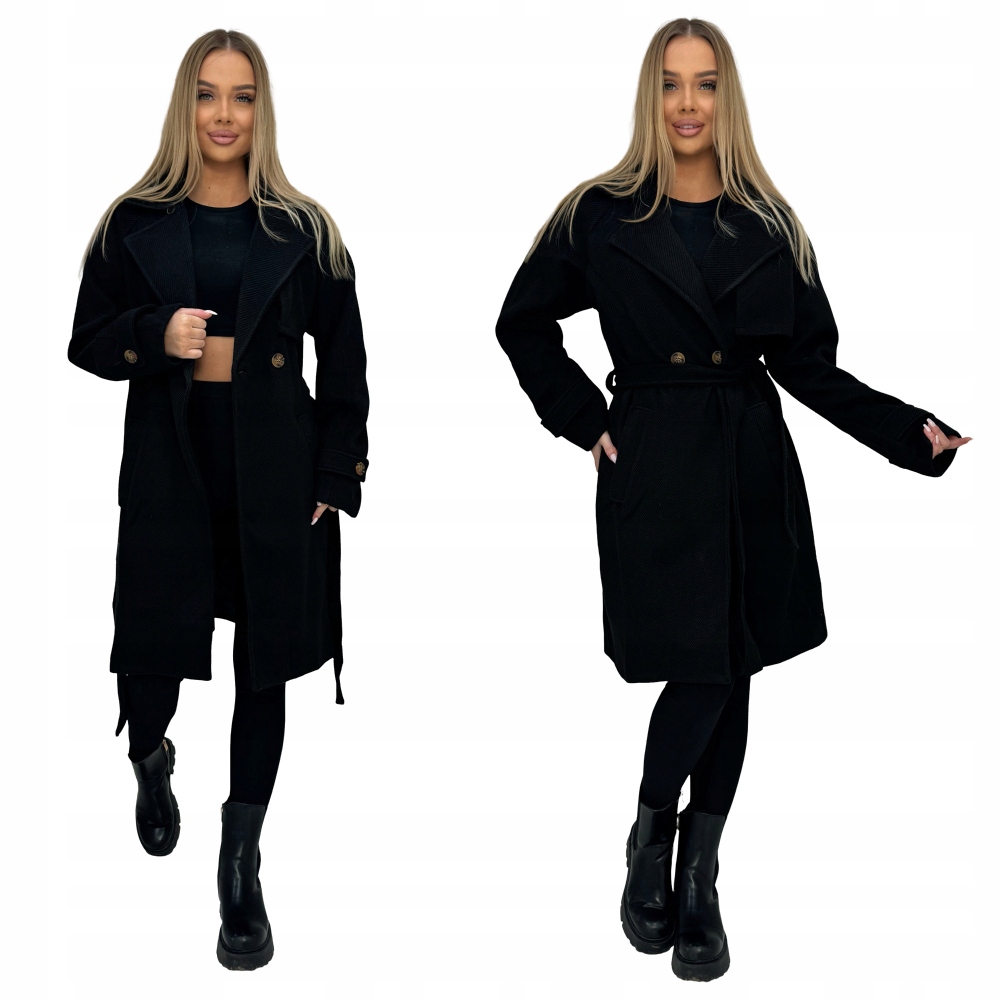 Módní dámský černý jednořadý kabát s knoflíky a pásek CLR038, velikost XL
