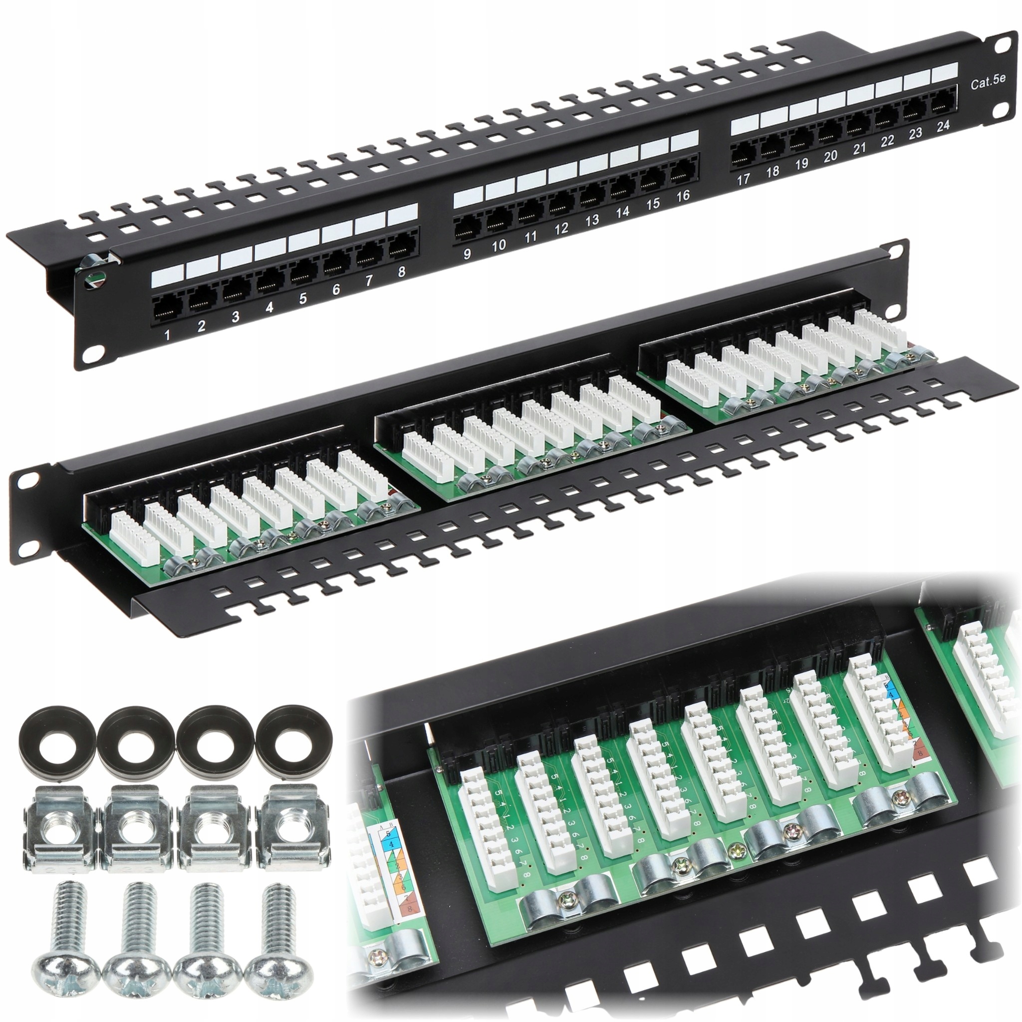 Patch panel RJ-45 PP-24/RJ/C 24-portowy cat. 5E do szaf Rack 19" 1U czarny