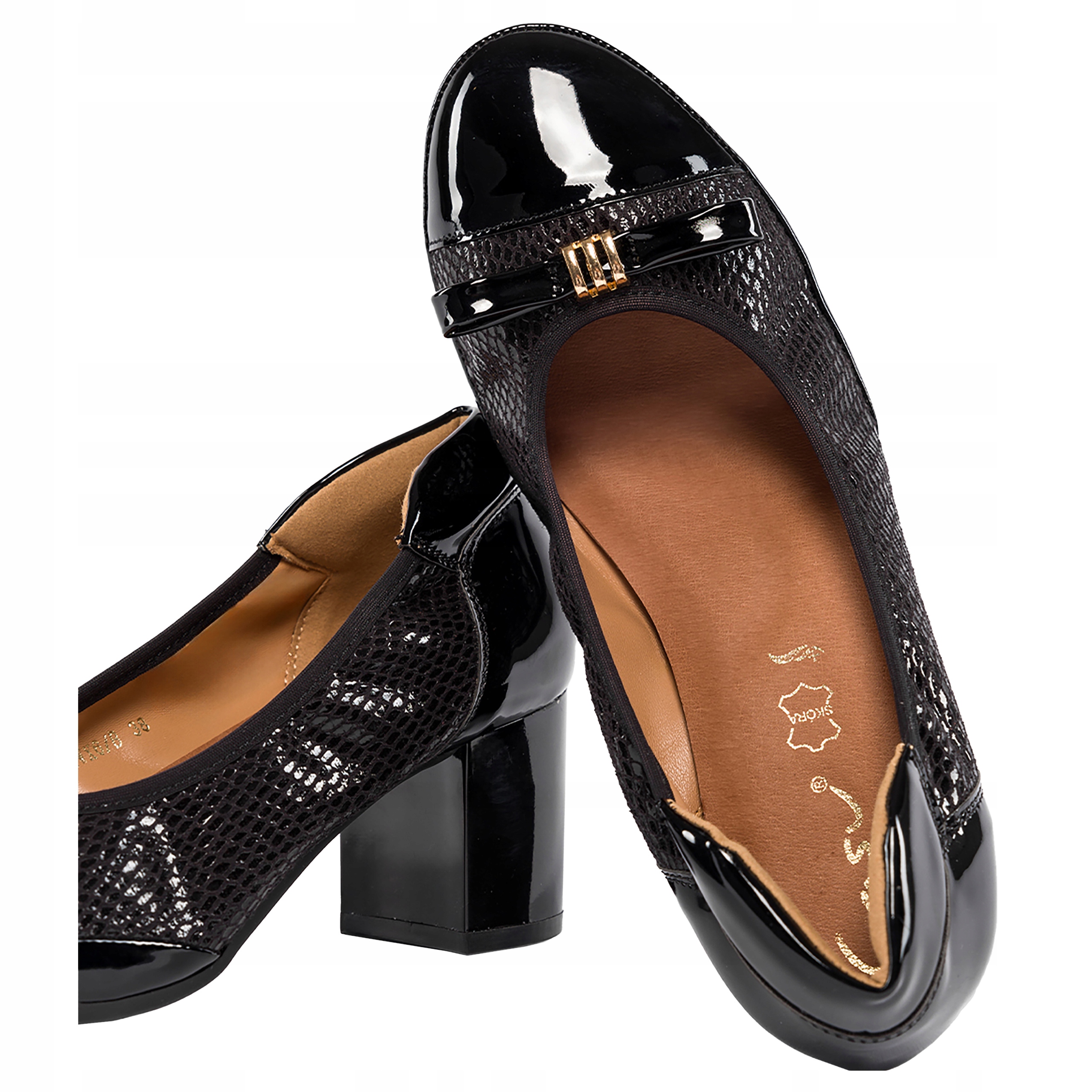 Czółenka Damskie Z Kokardą Na Słupku Miękka Skórzana Wkładka Czarne r 39