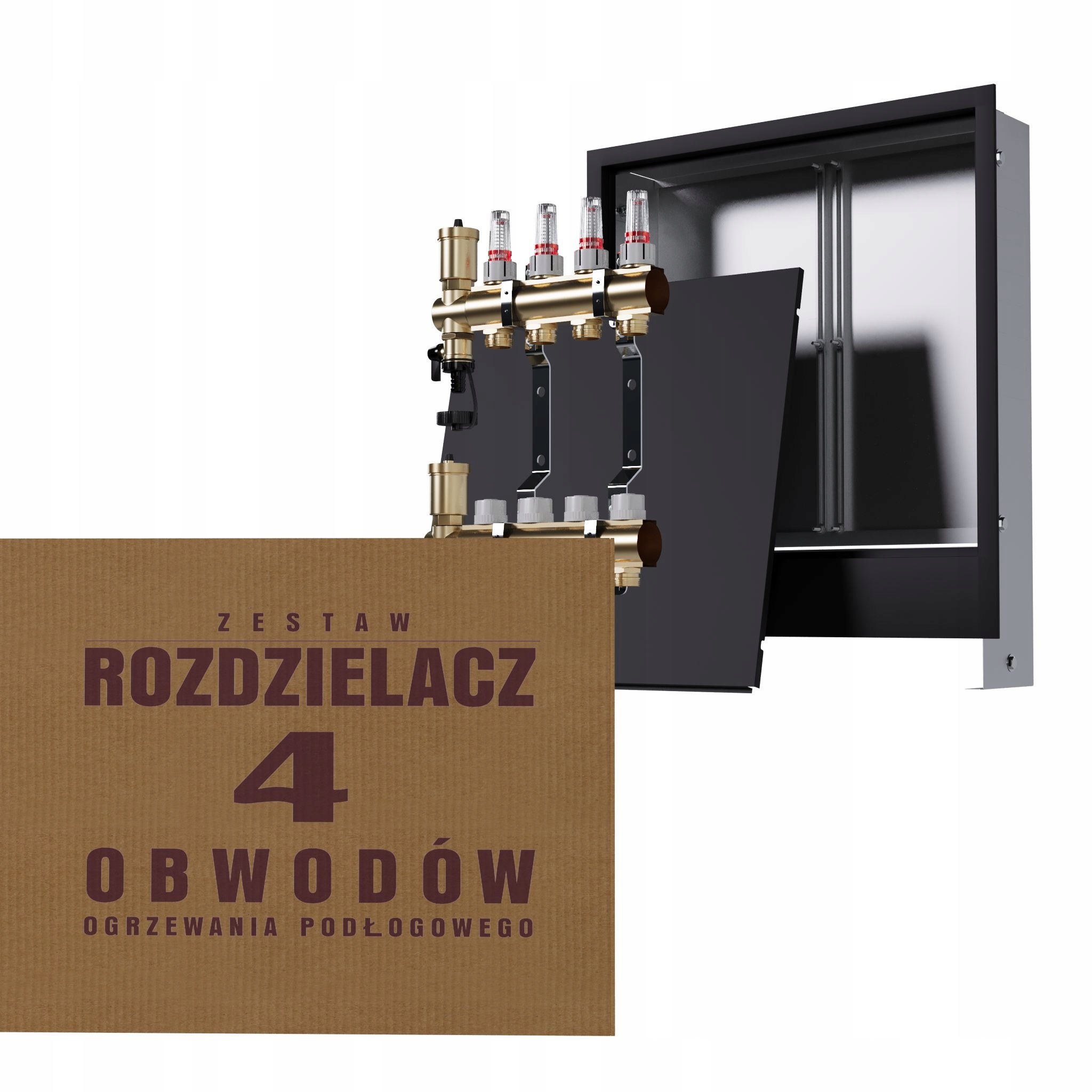 Rozdělovač do podlahy mosazný 4-okruhový a podomítková skříňka černá