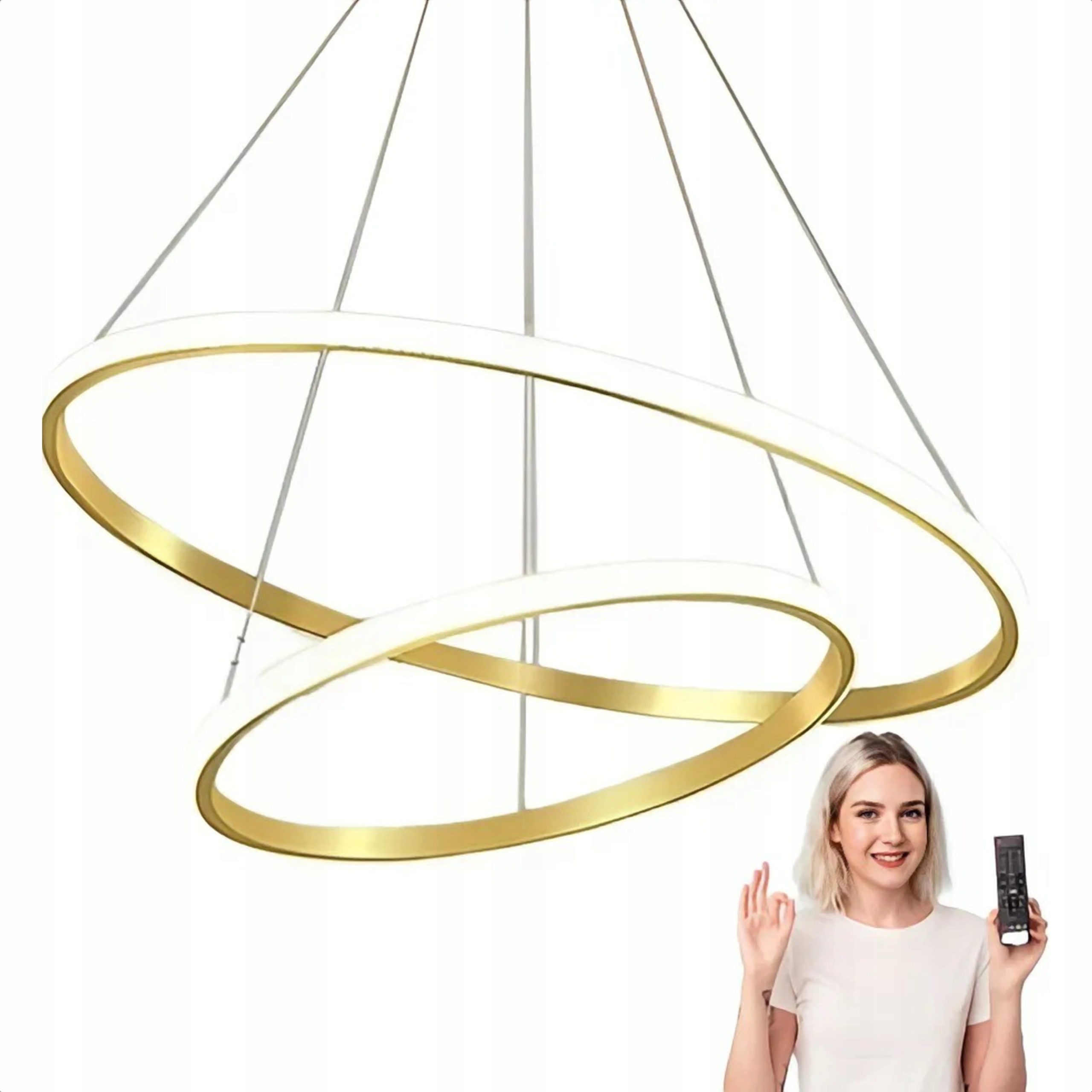 Závesná Stropná Lampa Zlatá 60 CM Led Luster 2 Kruhy 3 Farby Diaľkový Ovládač