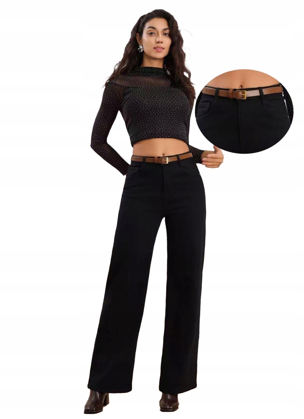 Wide Leg Spodnie jeans damskie wysoki stan Czarne Prosta Nogawka 44/XXL