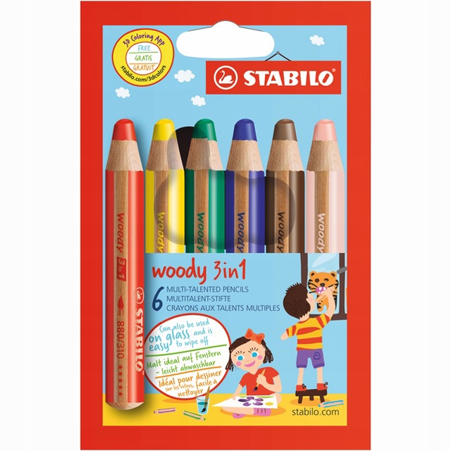 STABILO woody 3 in 1, 6 ks balenie pastelka, vodovka a voskovka v jednom