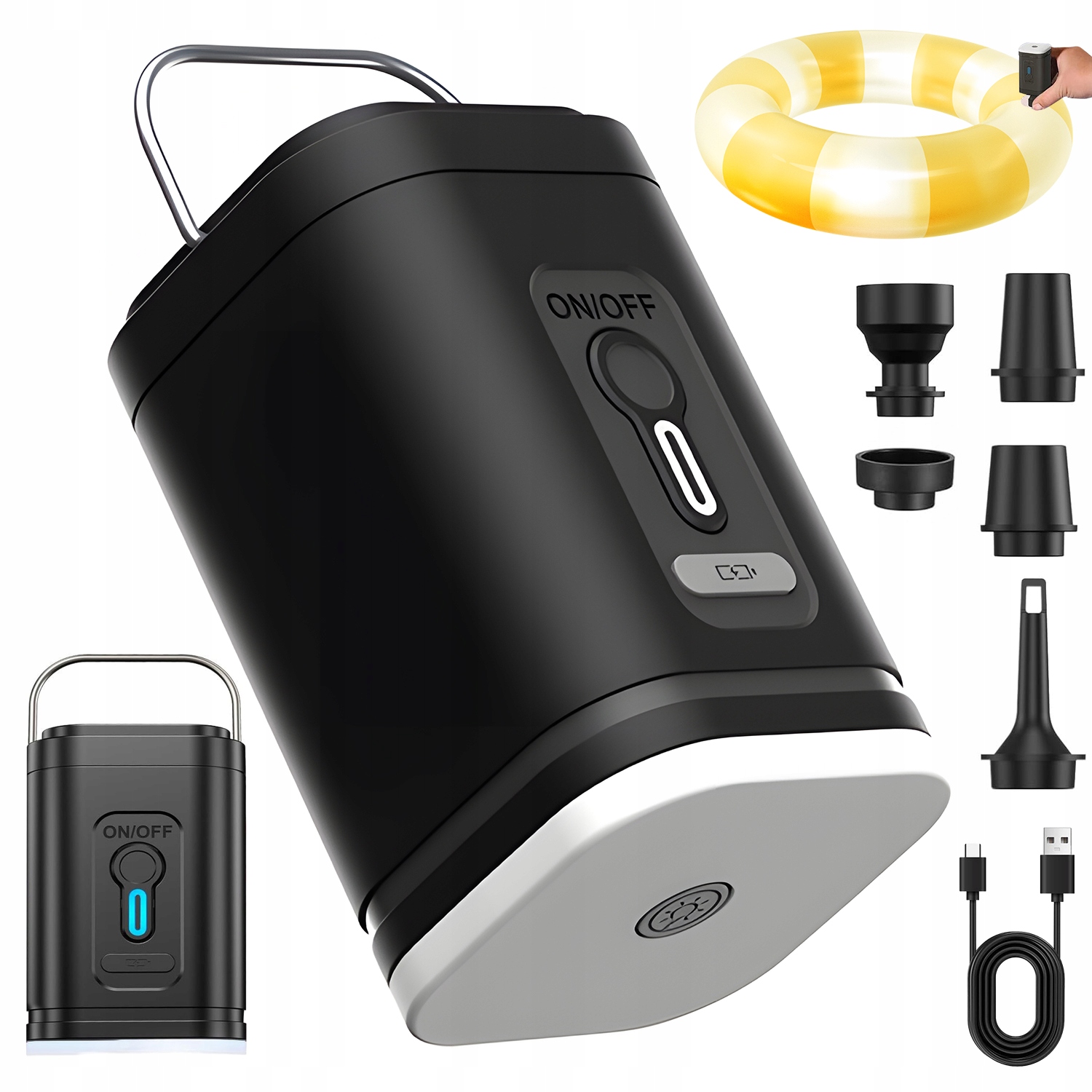 PRZENOŚNA POMPKA POWIETRZA DO MATERACA BASENU USB Z 5 KOŃCÓWKAMI