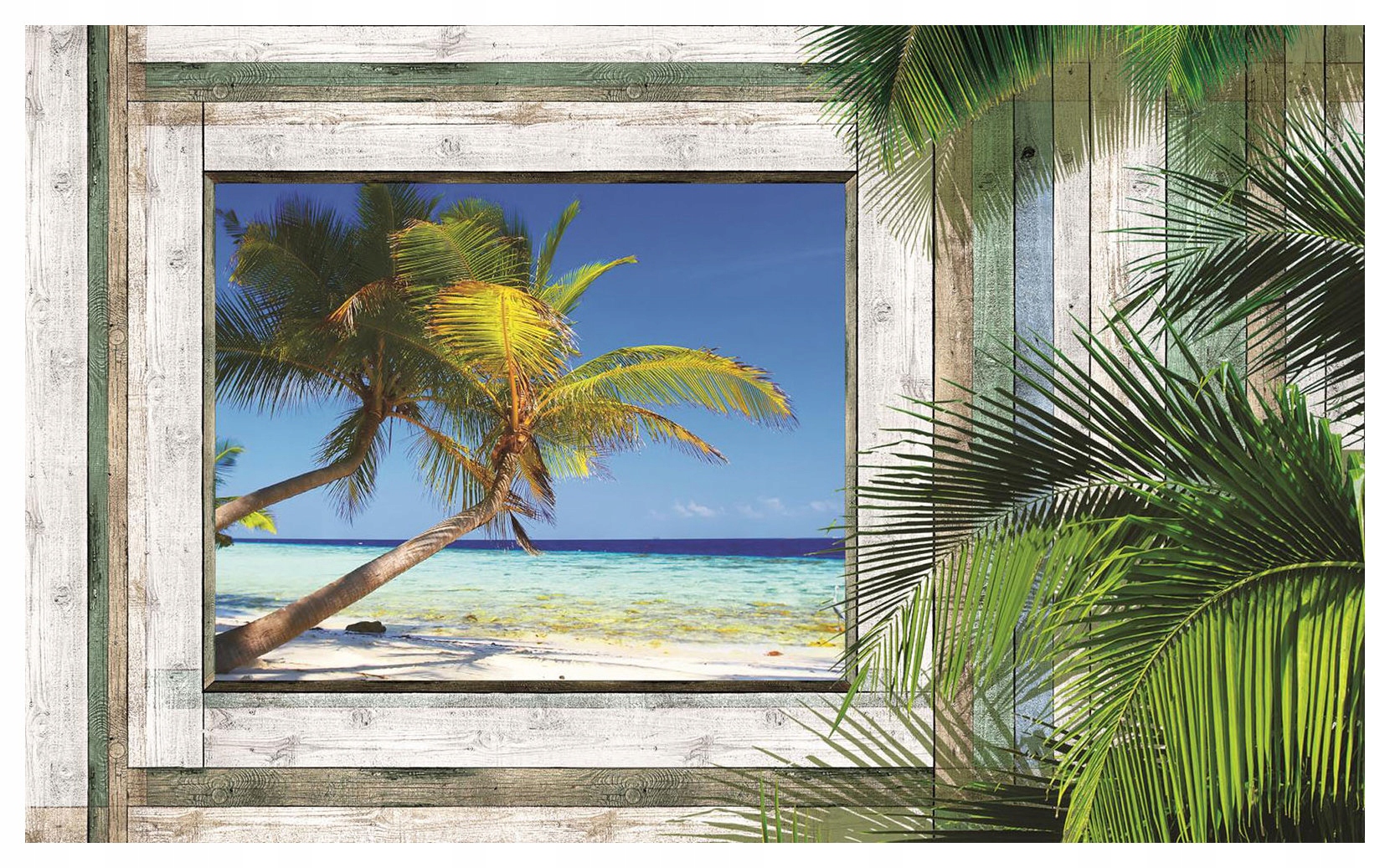 Fototapeta Rajská pláž s oknem Palmy Oceán Písek 368x254 vinylová lepidlo
