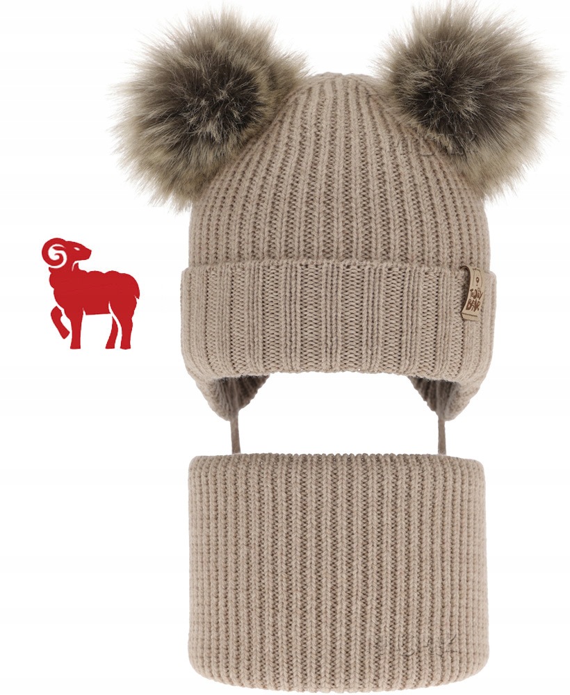 Beżowy Ciepły komplet zimowy Czapka wiązana Komin 44-46 Wełna Merino 6m-2 l