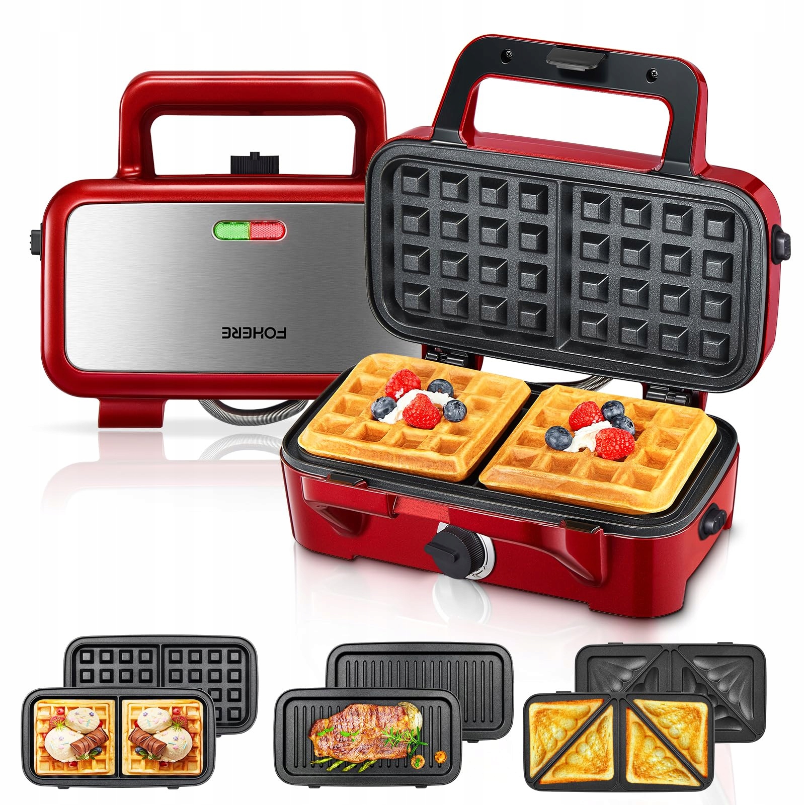 FOHERE 3W1 1200W Sandwich Maker Grill Toaster with Non-Slip Handle