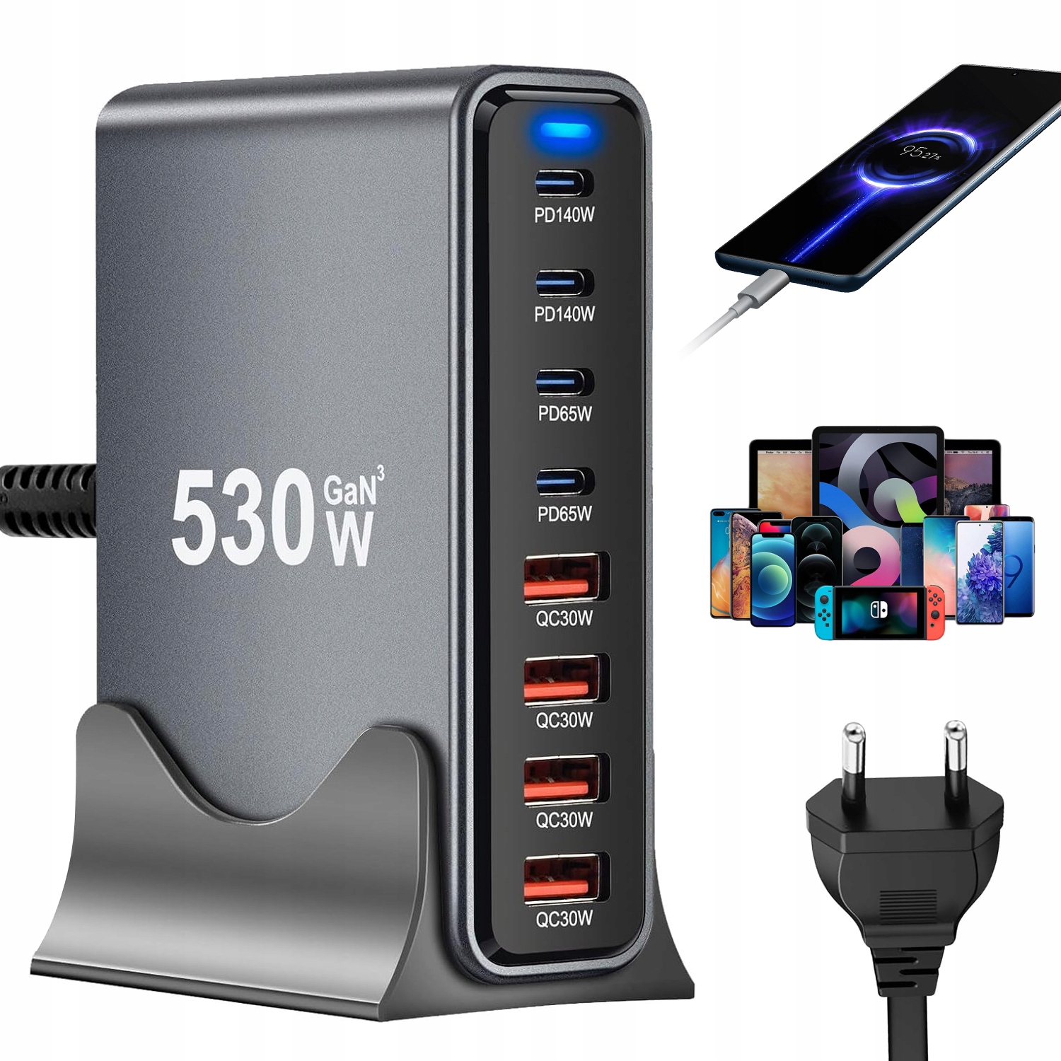 Víceportová Rychlá Nabíječka Nabíjecí Stanice Černá Qc 4x Usb-c 4x Usb-a