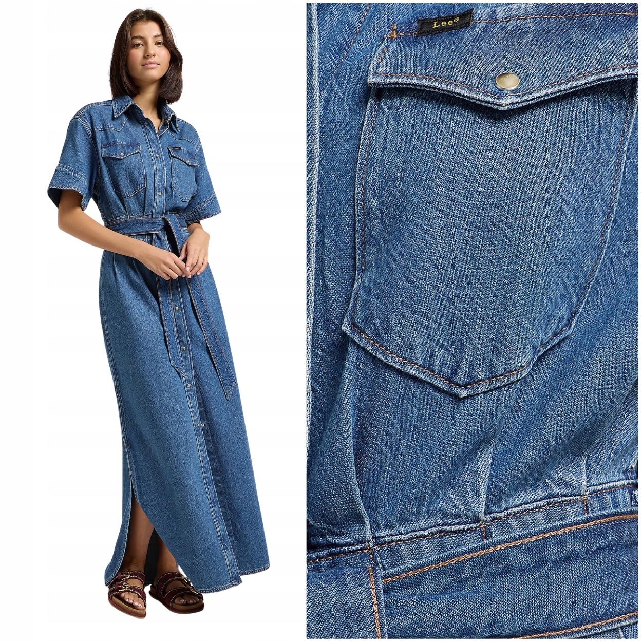 Lee Maxi Western Dress bawełniana długa sukienka jeansowa krótki rękaw M
