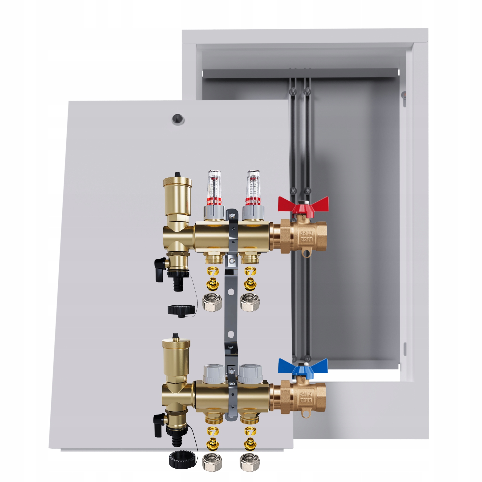 Rozdělovač mosazný podlahový 2 okruhy skříňka jednoduchý ventil Pex