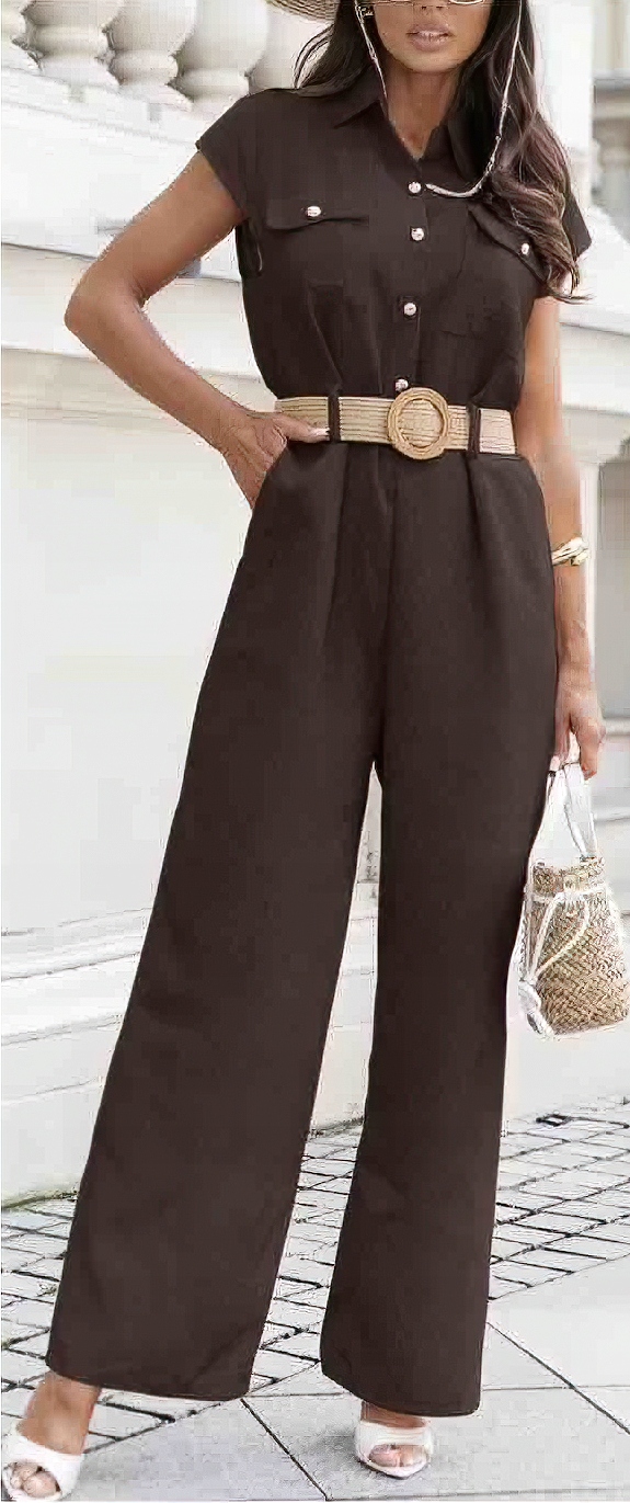 LETNI KOMBINEZON DAMSKI KOSZULOWY WYGODNY PRZEWIEWNY CZEKOLADOWY Marka New Collection