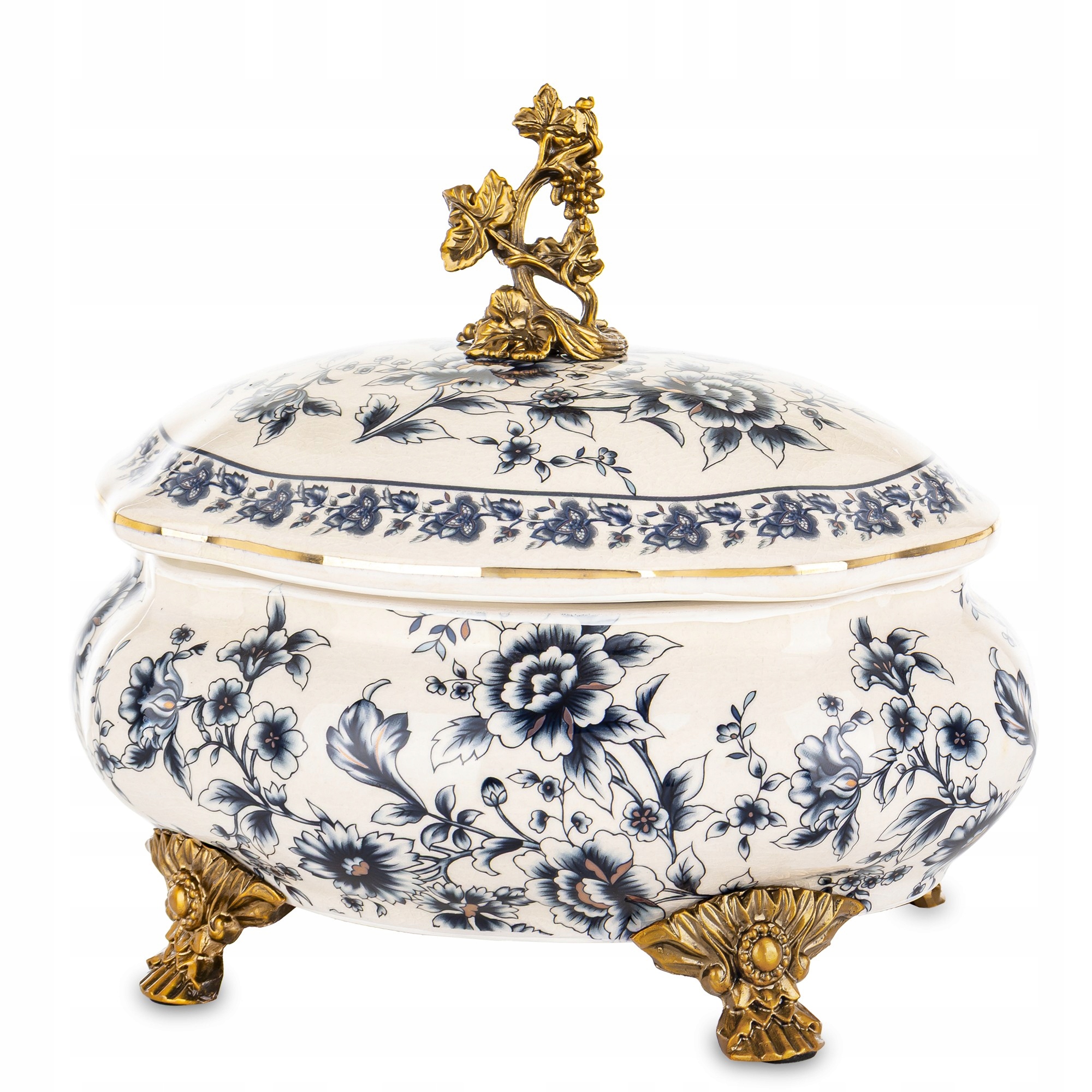 Palácová krabička Retro keramika starnúca biela modrá zlatá patera