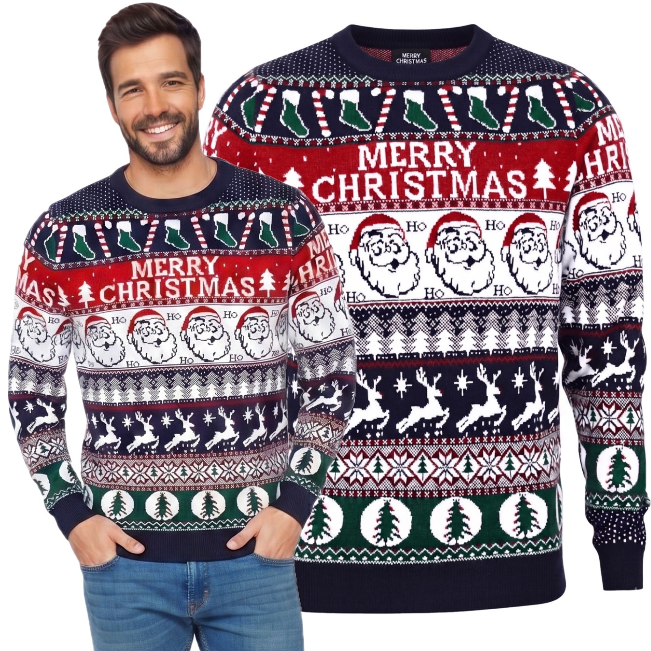 Vánoční pánský svetr s modrými sobíky Mikuláš Merry Christmas zimní M