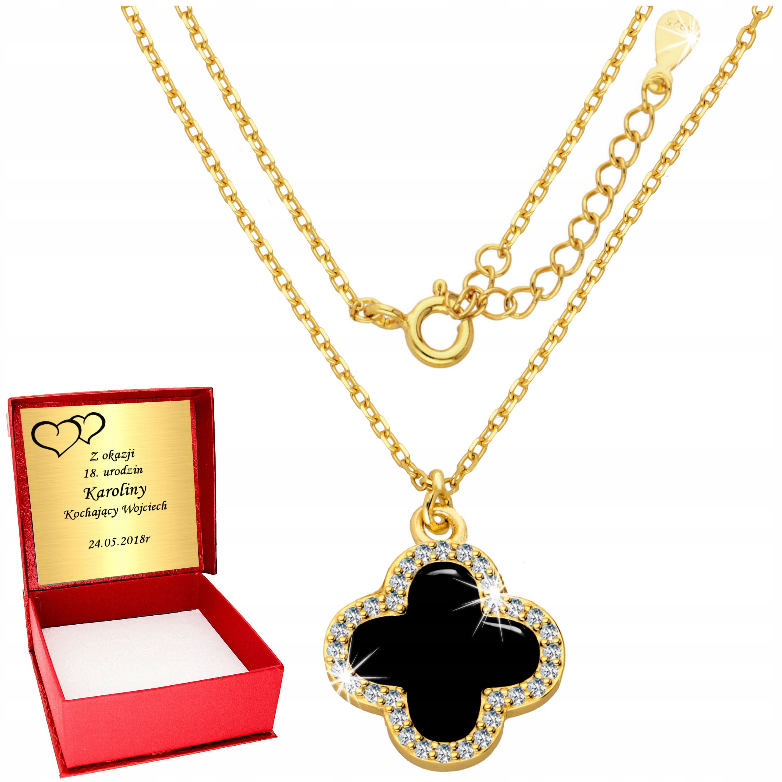 Złoty Łańcuszek 925 Damski Naszyjnik Czarna Koniczynka Marokańska Onyks