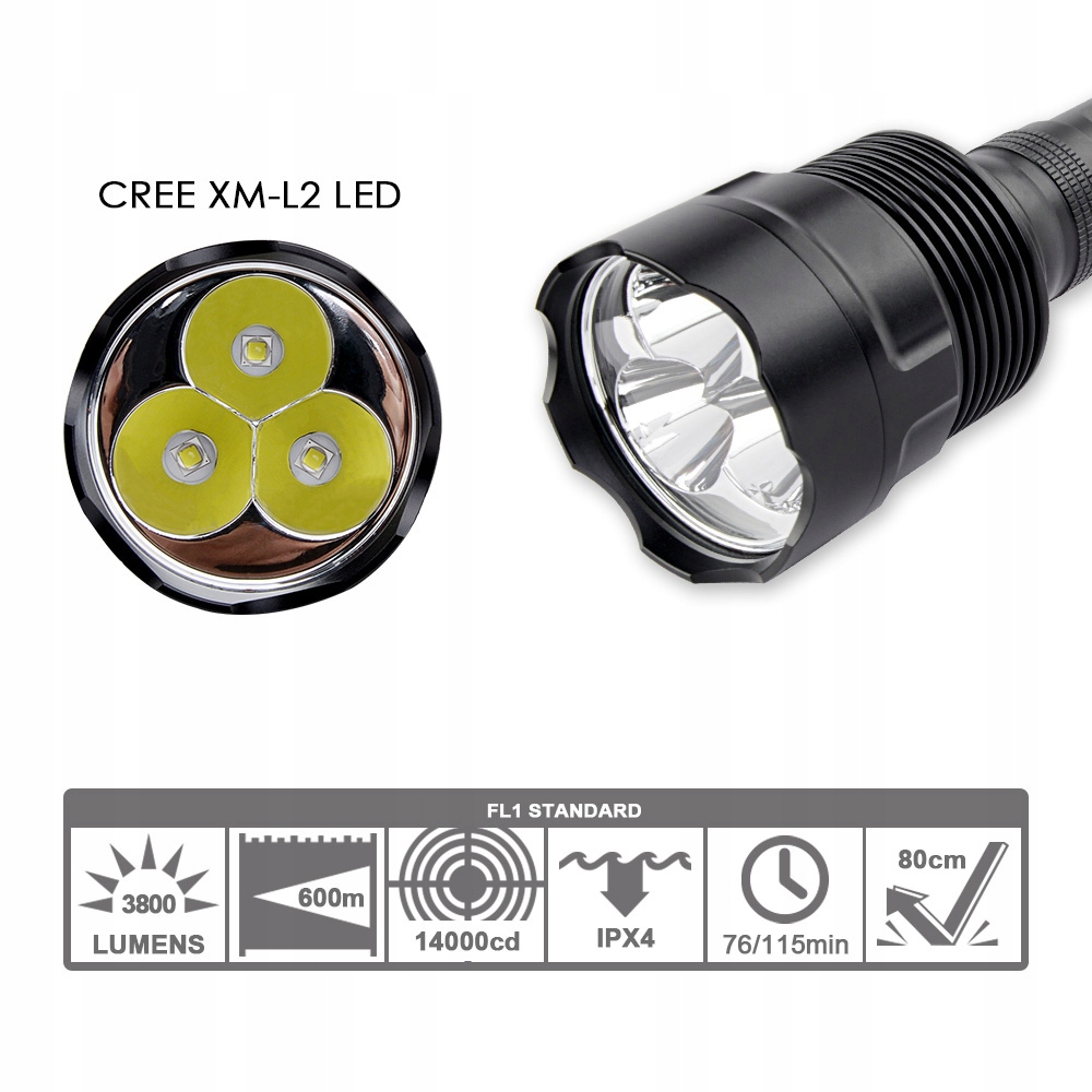 Latarka TRUSTFIRE 3x XML-L2 LED 3800LM zestaw XXL Model TR-3T6 XXL