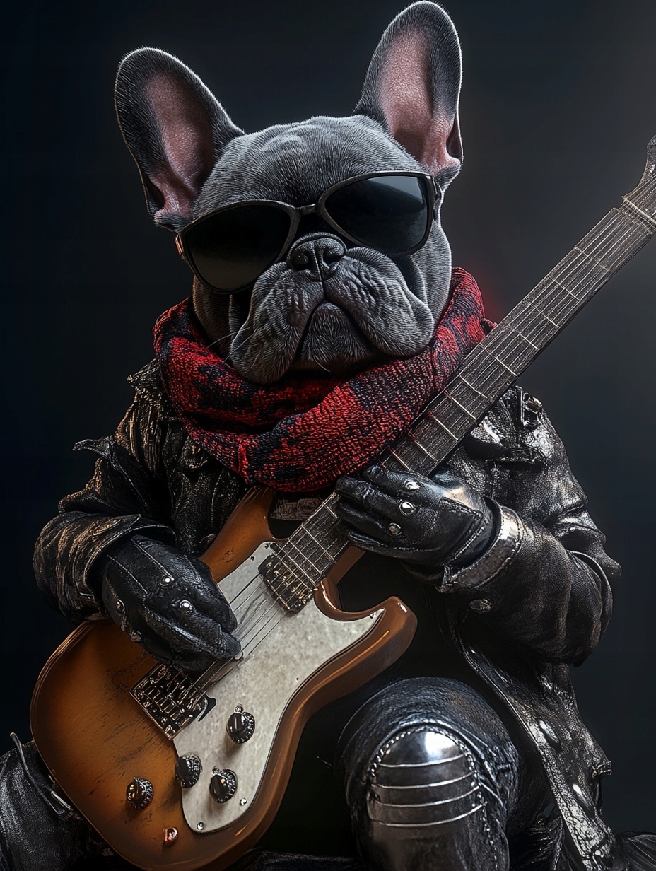 Obraz Na Plátně Canvas Pes Francouzský Buldoček Rockman Kytara Hudba 60x80