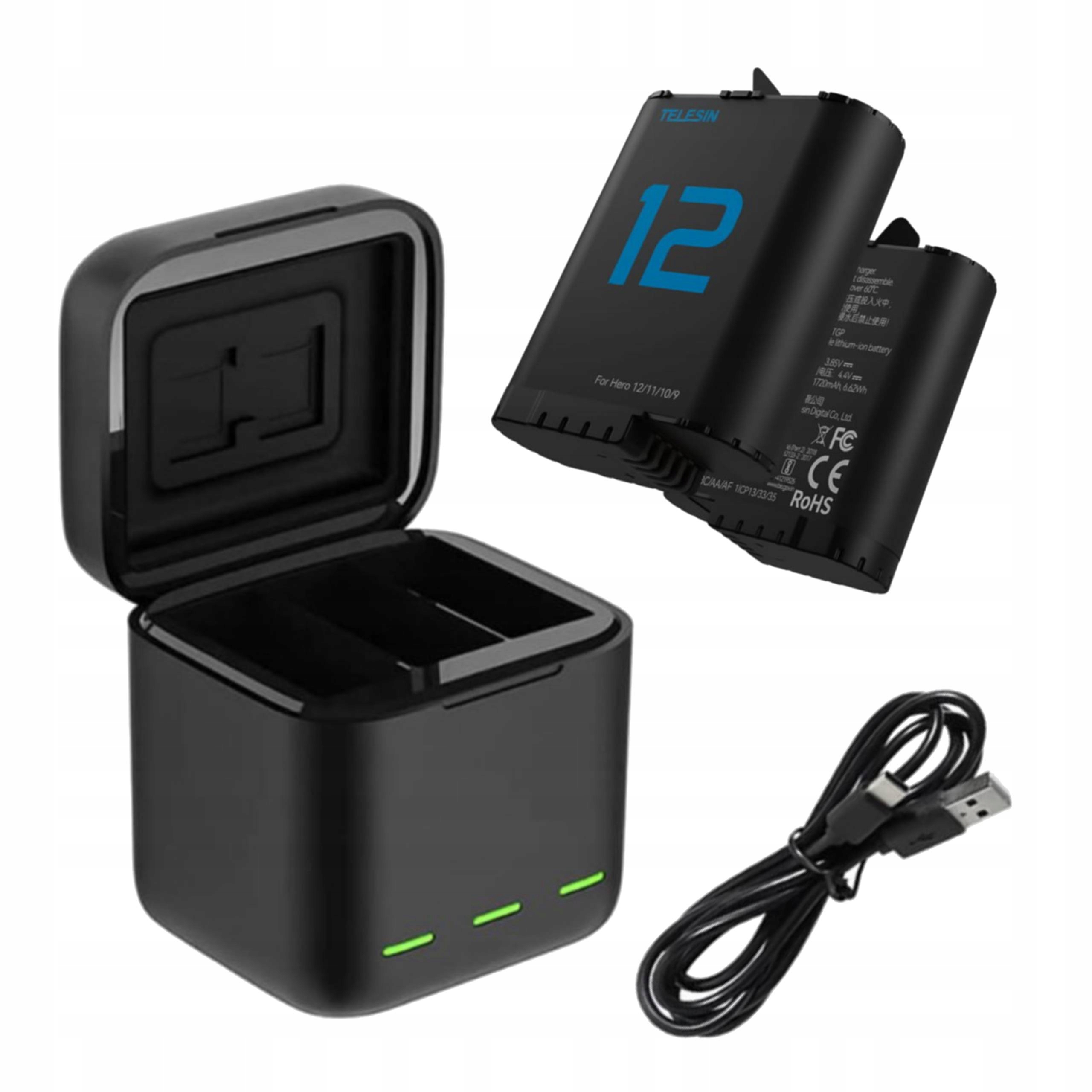 Ładowarka Potrójna Usb Trójkanałowa 2X Akumulator Gopro Hero 12 11 10 9
