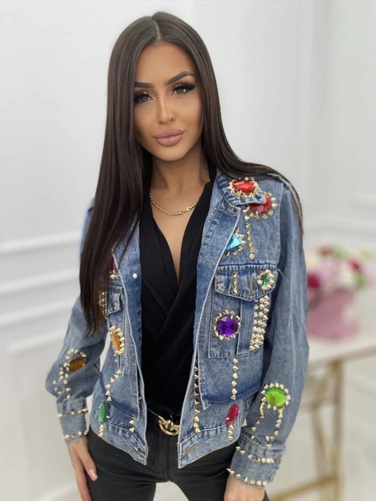 Džínová bunda s kamínky a kamínky, barevná Rita S