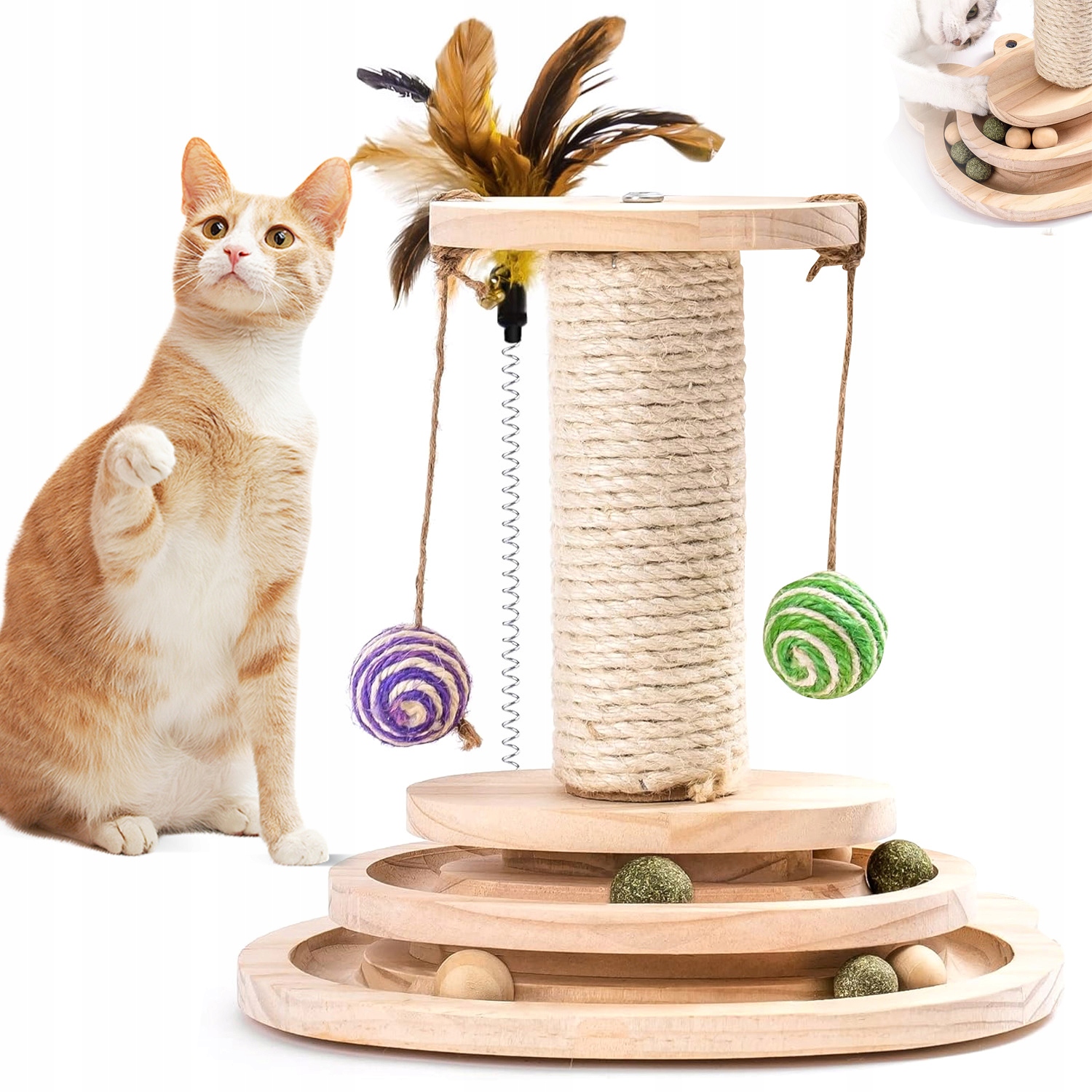 Levně Škrabadlo Pro Kočky Vysoký Pelíšek Sloupek 2 Vrstvy Kolejí Péřová Hračka
