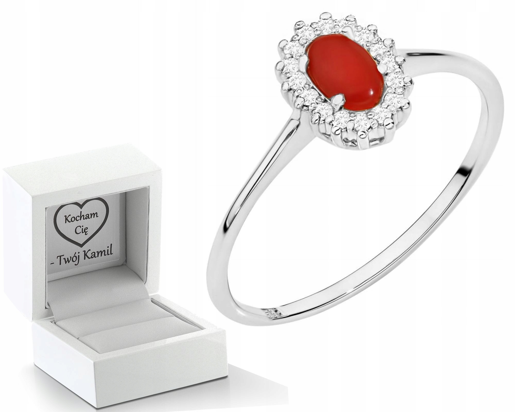 Bílý Zlatý Prstýnek S Červeným Korálem A Diamanty 585 Jako Dárek