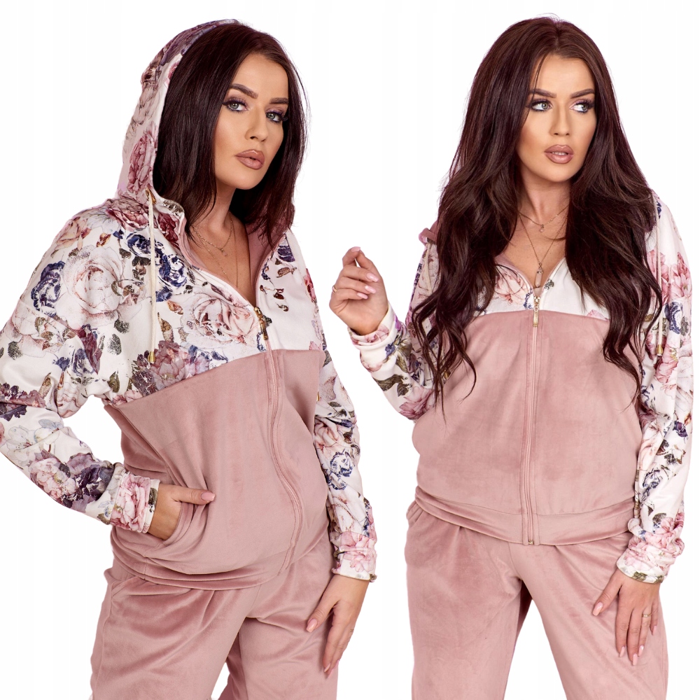 WELUROWY DRES DAMSKI BLUZA SPODNIE KOMPLET 4XL Wzór dominujący kwiaty