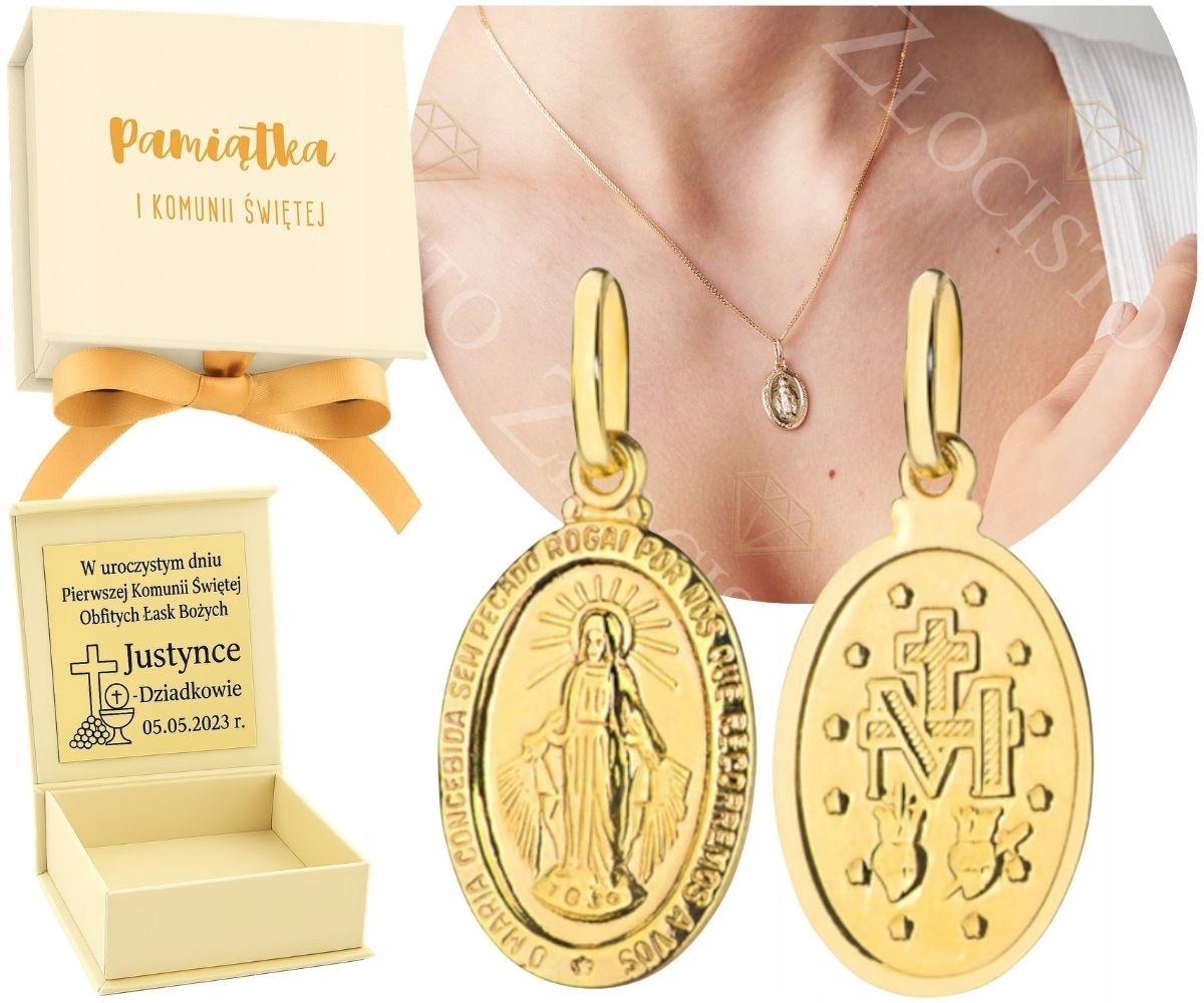 Zlatý nádherný přívěsek Medalik Pr. 585 14K Gravírování Křest Svaté Přijímání Dárek