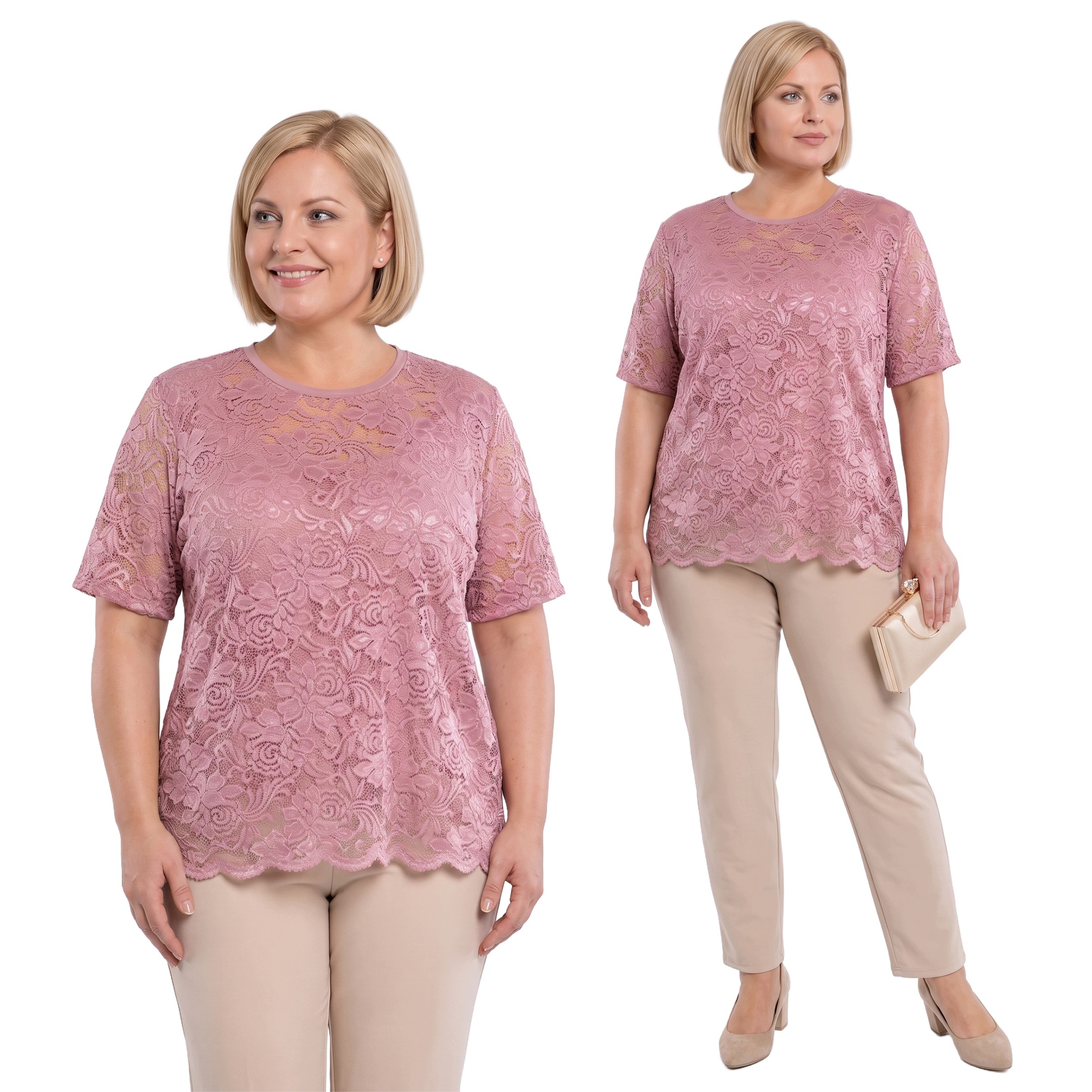 Světle růžová halenka z květinové krajky plus size velikost 60/62