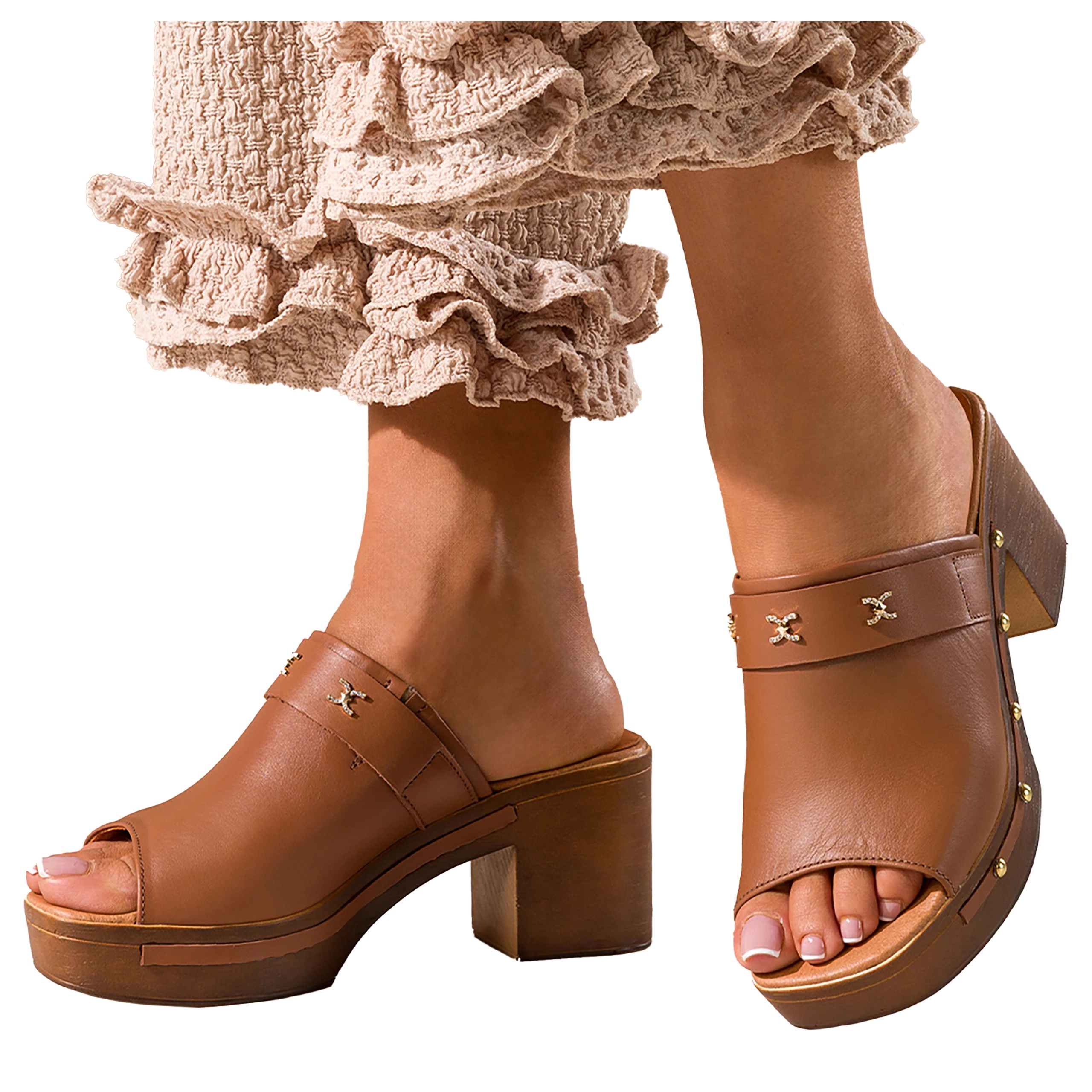 Dámské Kožené Nazouváky Hnědé Lehké Zabudované Podpatky Klocek Ozdoba r 39