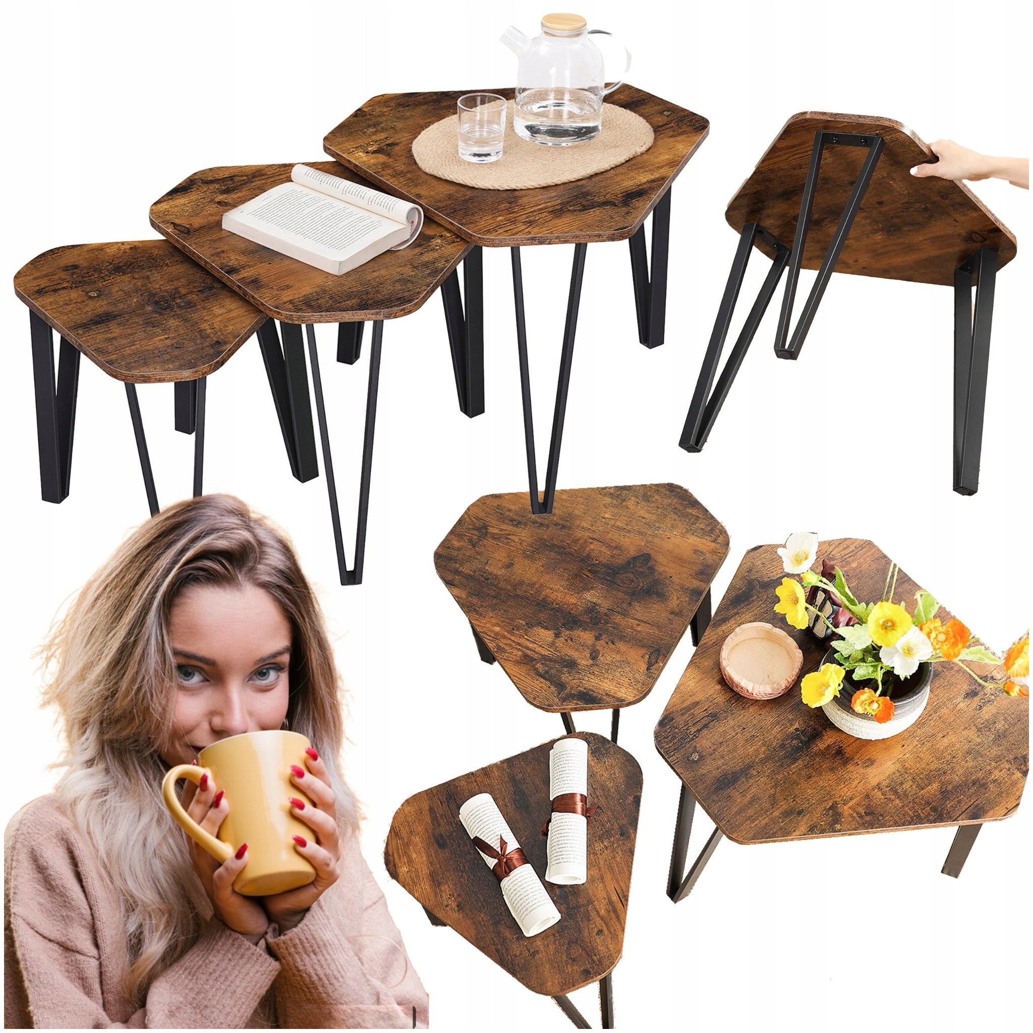 Sada 3 konferenčných stolíkov Lavica Konferenčný stolík nočný bočný Výsuvný 3ks