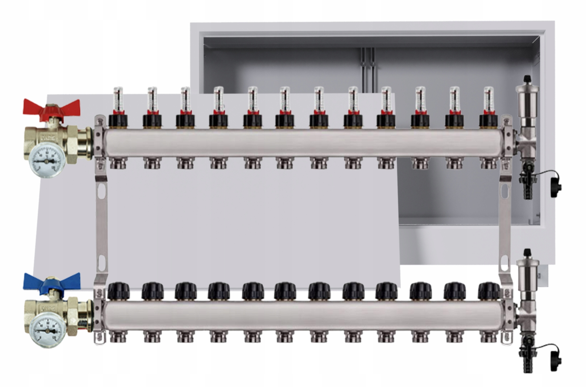 Rozdělovač nerezový Podlahovky 12 okruhů Podomítková skříňka Ventily