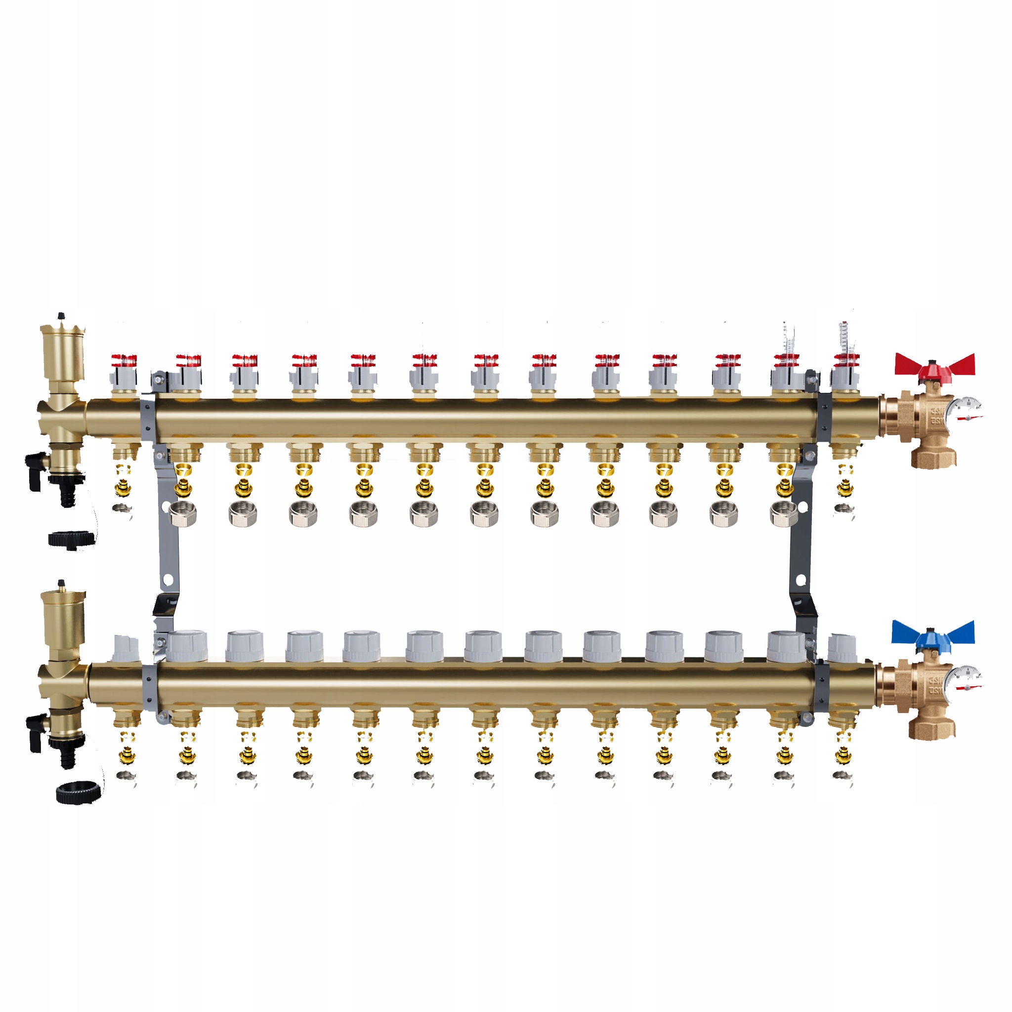 Mosadzný rozdeľovač podlahy, 13 obvodov, guľové ventily, teplomer Pex