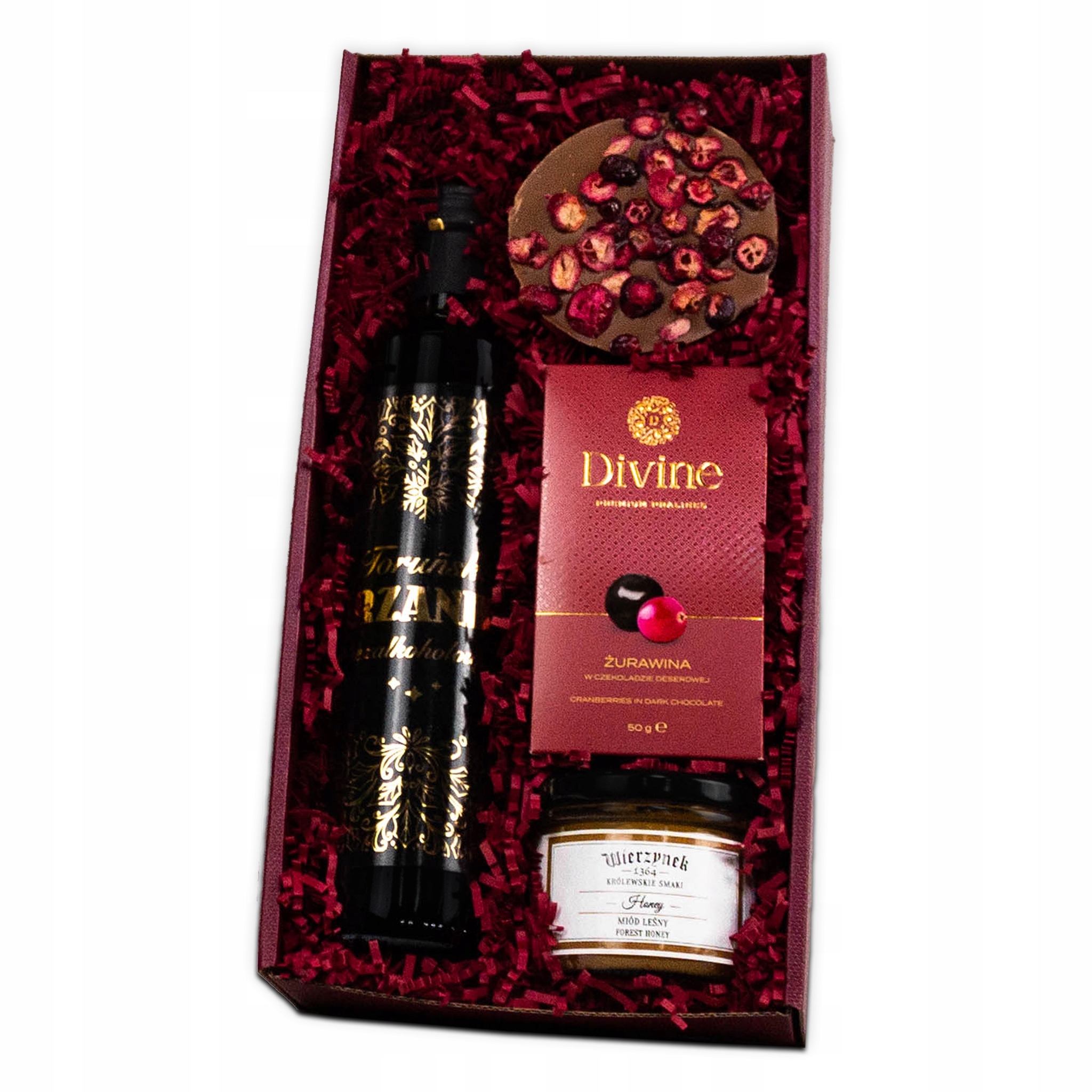 Elegantní Set Dárkový Koš s vínem Ohřívač 0% Čokoláda Lesní med