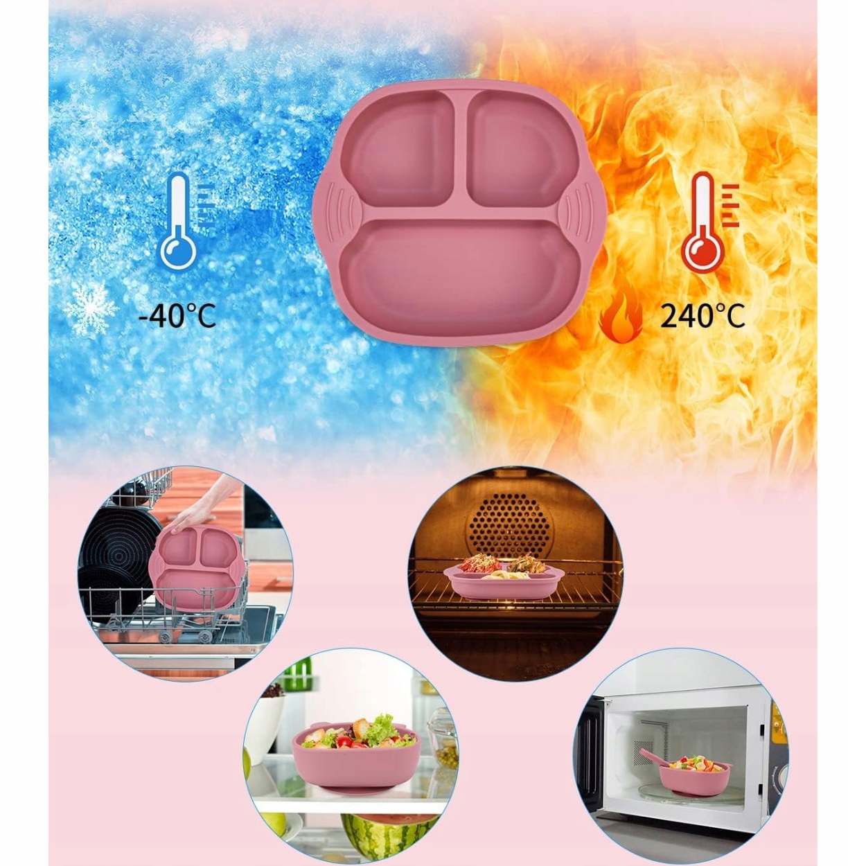 ZESTAW OBIADOWY DLA DZIECI Z PRZYSSAWKAMI SILIKONOWY KOMPLET NACZYŃ RÓŻOWY Materiał wykonania silikon