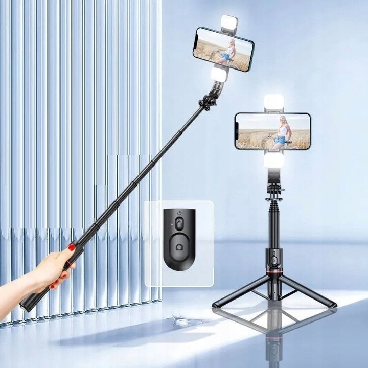SELFIE STICK KIJEK SELFIE STICK TRIPOD STATYW 2X LAMPKA PILOT Kolor czarny