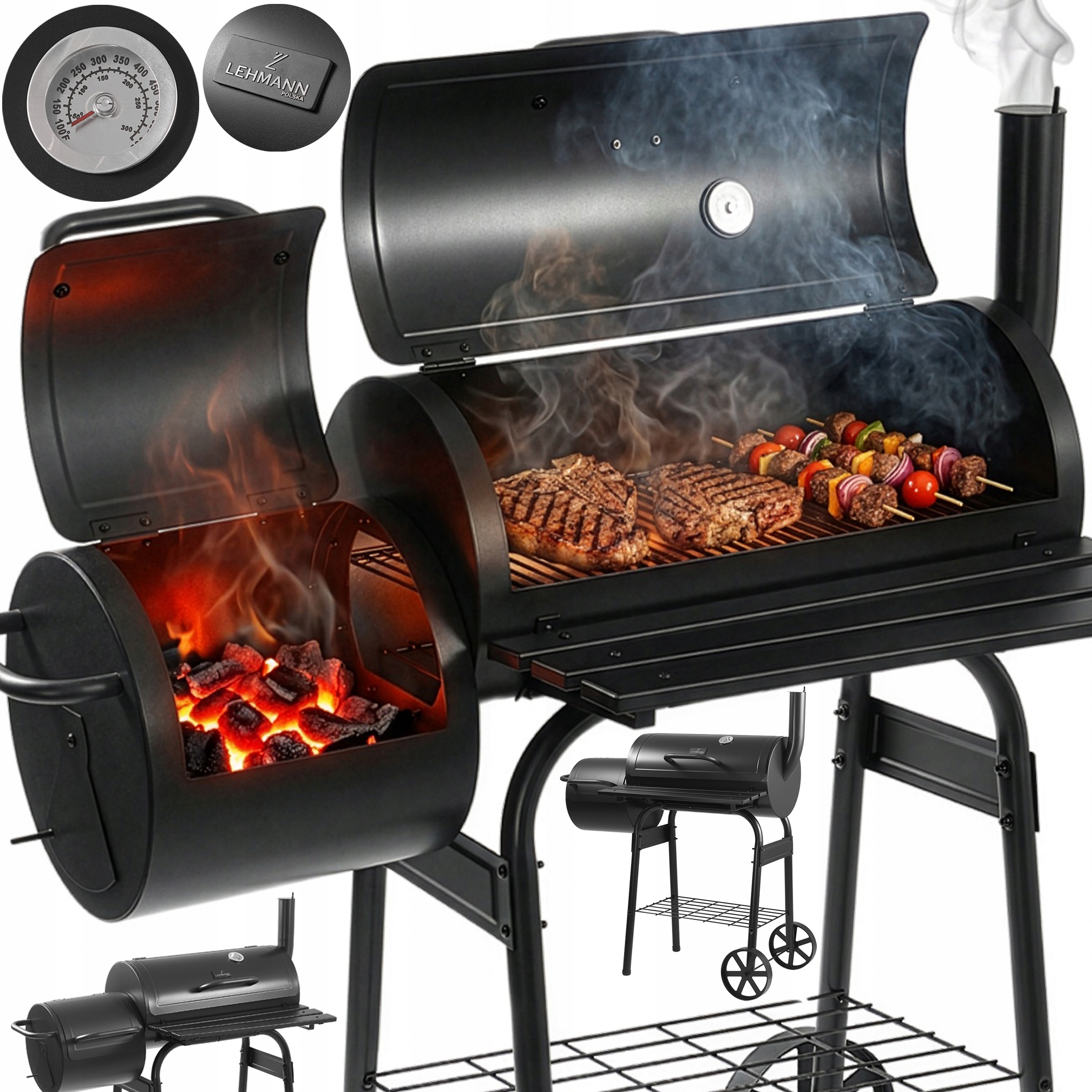Gril Na Dřevěné Uhlí Zahradní Sud S Udírnou Teploměr Velký Rošt Police Komín
