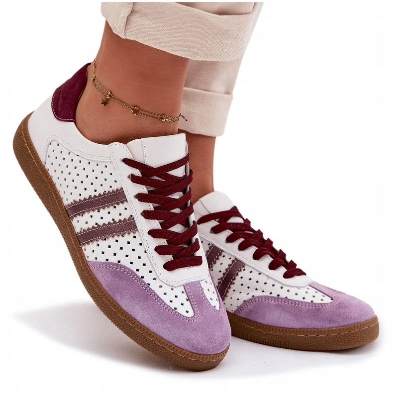 Dámské Nízké Kožené Ažurové Tenisky Zazoo N1318 Bílo-fialové 37