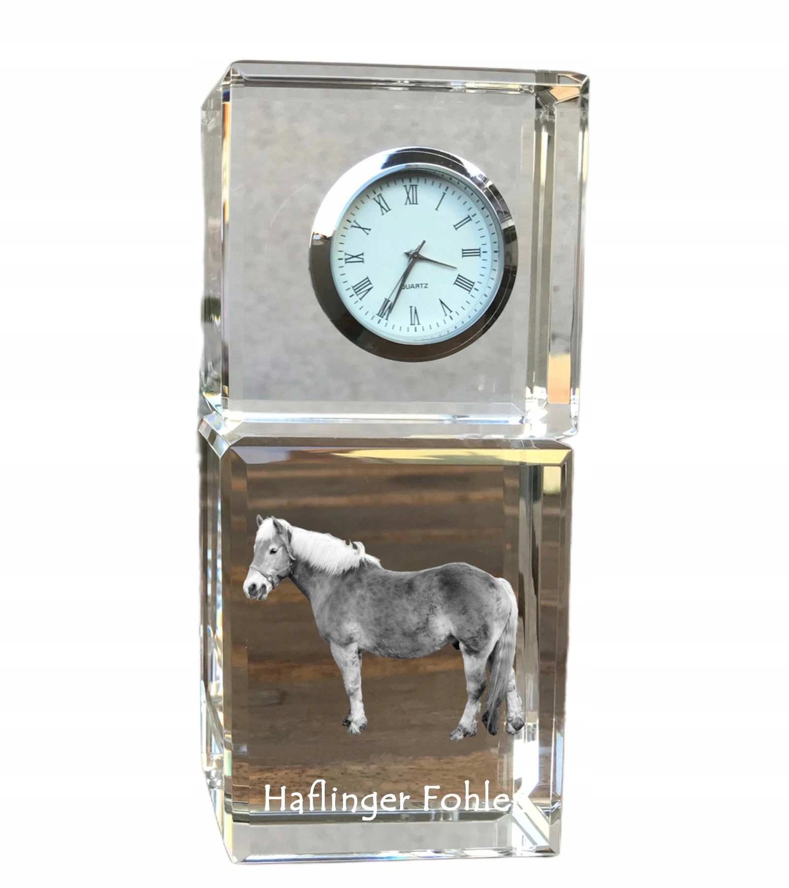 Kôň Haflinger krištáľové stolové hodiny s vašou fotografiou, suvenír