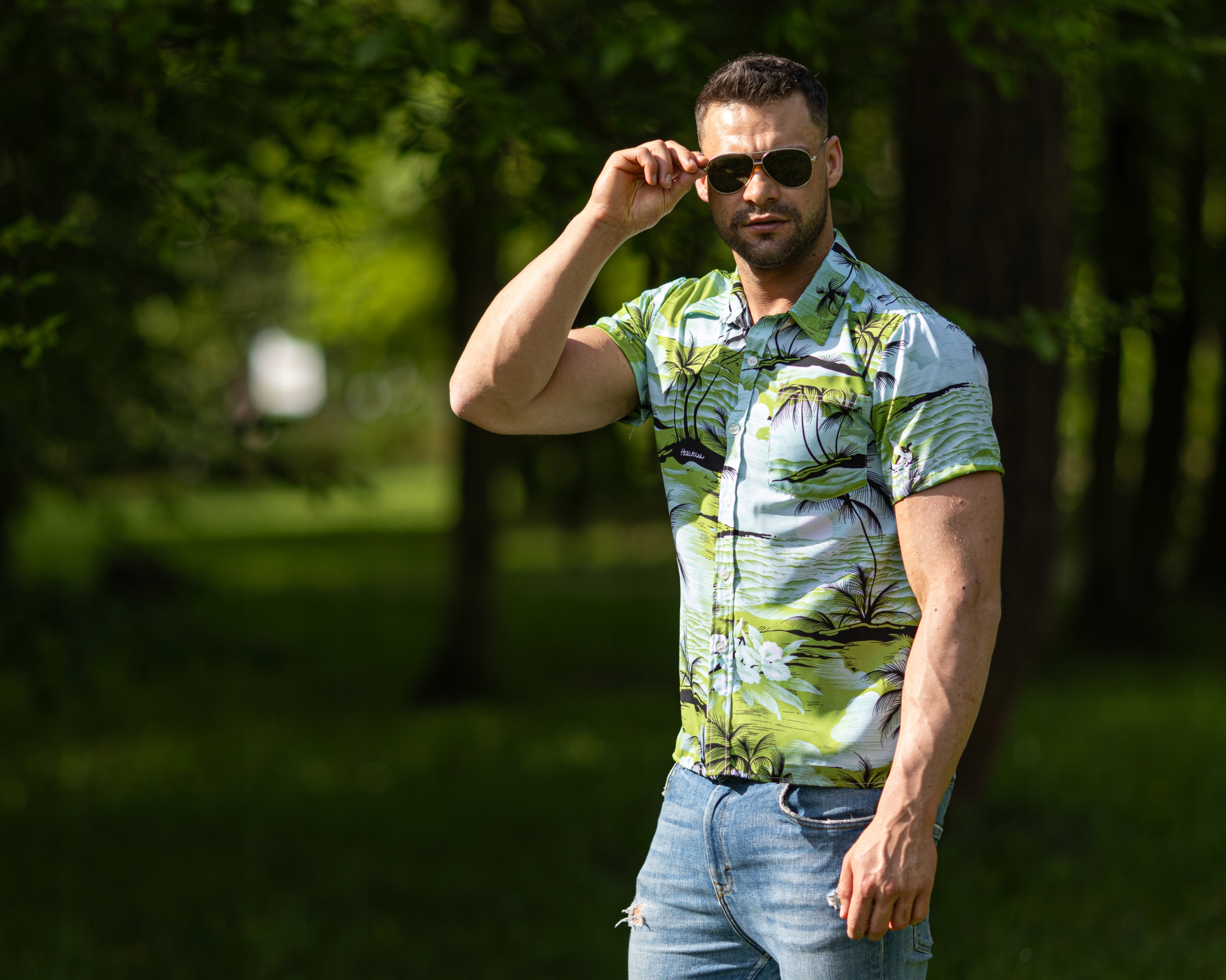 KOSZULA MĘSKA HAWAJSKA W PALMY KWIATY PLAŻA MORZE D1 ZIELONA - L Rozmiar L